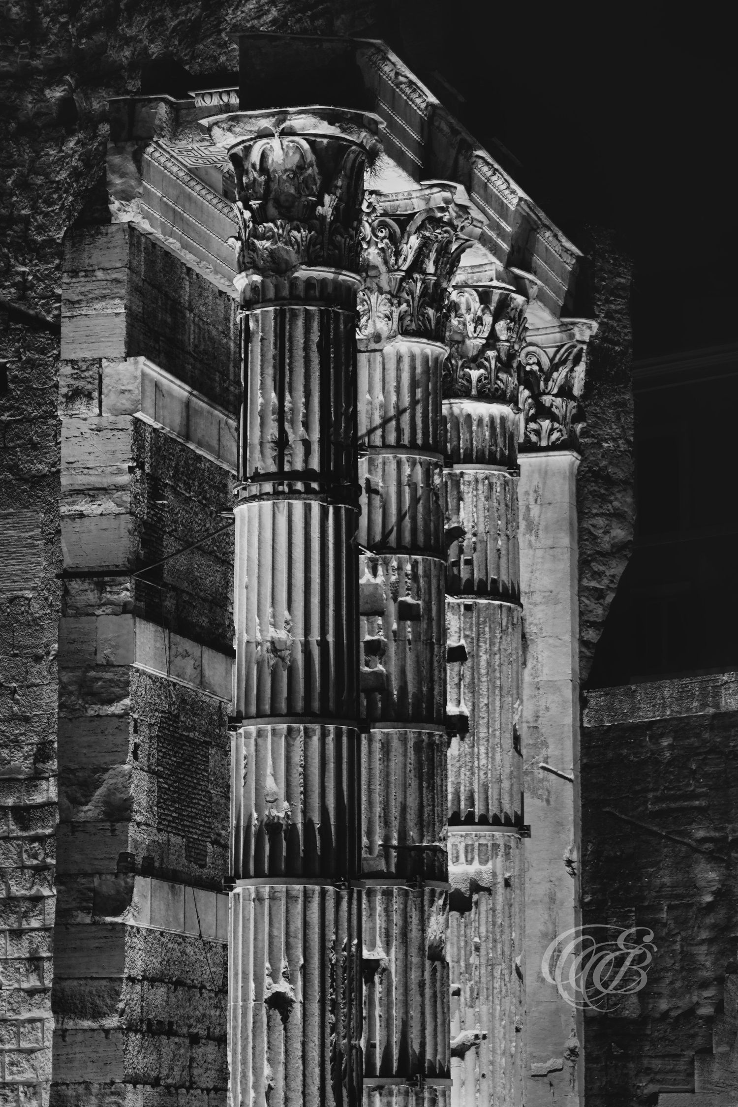 Italy – Columns of the Forum of Augustus - Rome – black and white photo of ancient Roman temple columns, by Eduardo Bartoli