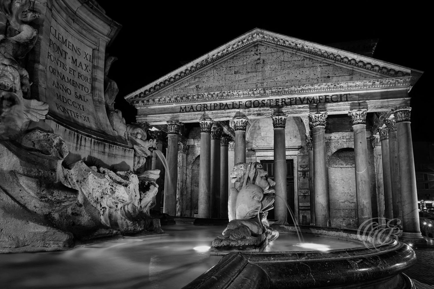 Italy – Pantheon at night - Rome – black and white photo of the illuminated ancient Roman temple, by Eduardo Bartoli