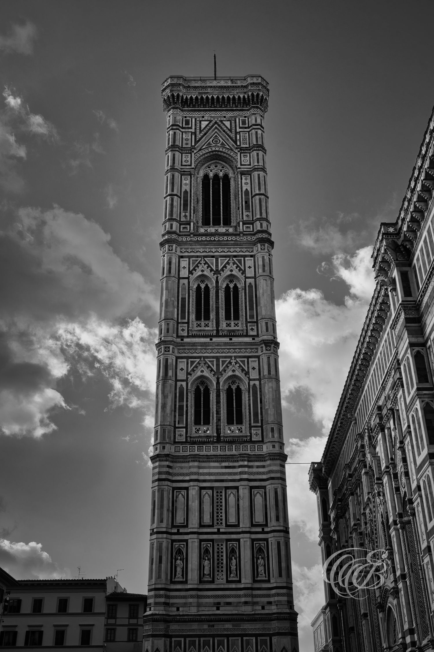 Italy – Giotto’s Bell Tower - Florence – black and white photo of the cathedral campanile, by Eduardo Bartoli
