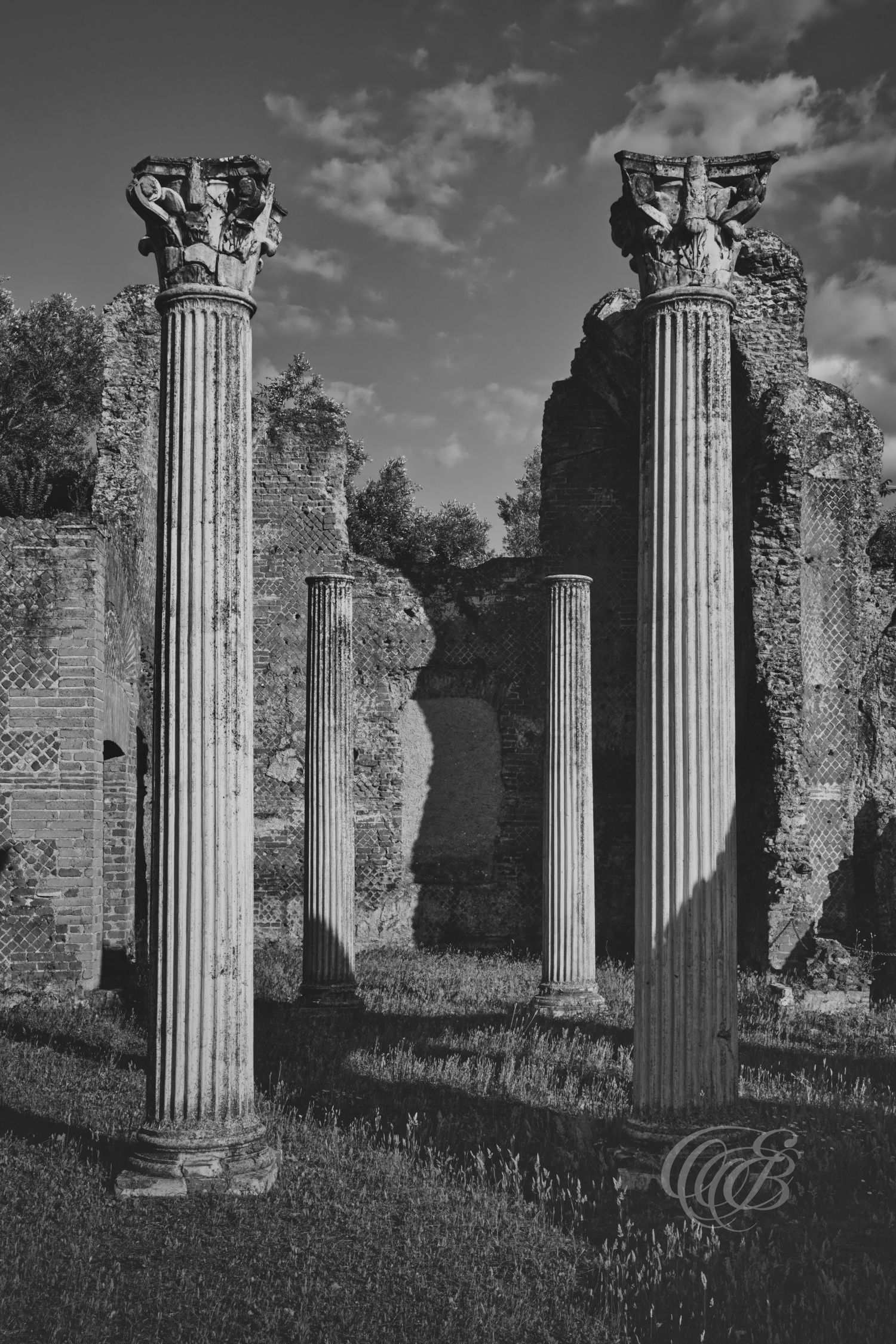 Italy – Hadrian’s Villa Golden Square columns - Tivoli – black and white photo of ancient Roman villa architecture, by Eduardo Bartoli