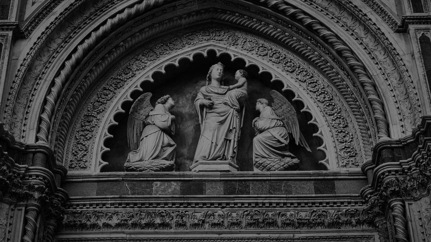 Italy – Madonna and Child relief - Santa Maria del Fiore Florence – black and white photo of cathedral marble sculpture, by Eduardo Bartoli