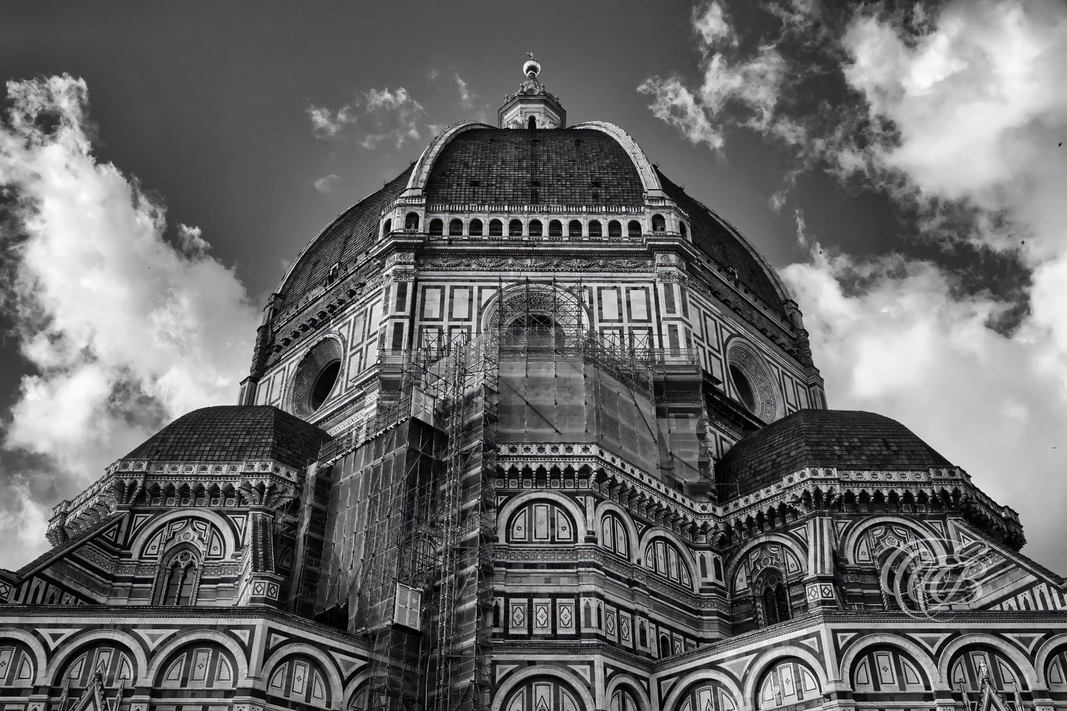 Italy – Santa Maria del Fiore façade - Florence – black and white photograph of the cathedral marble façade, photo by Eduardo Bartoli