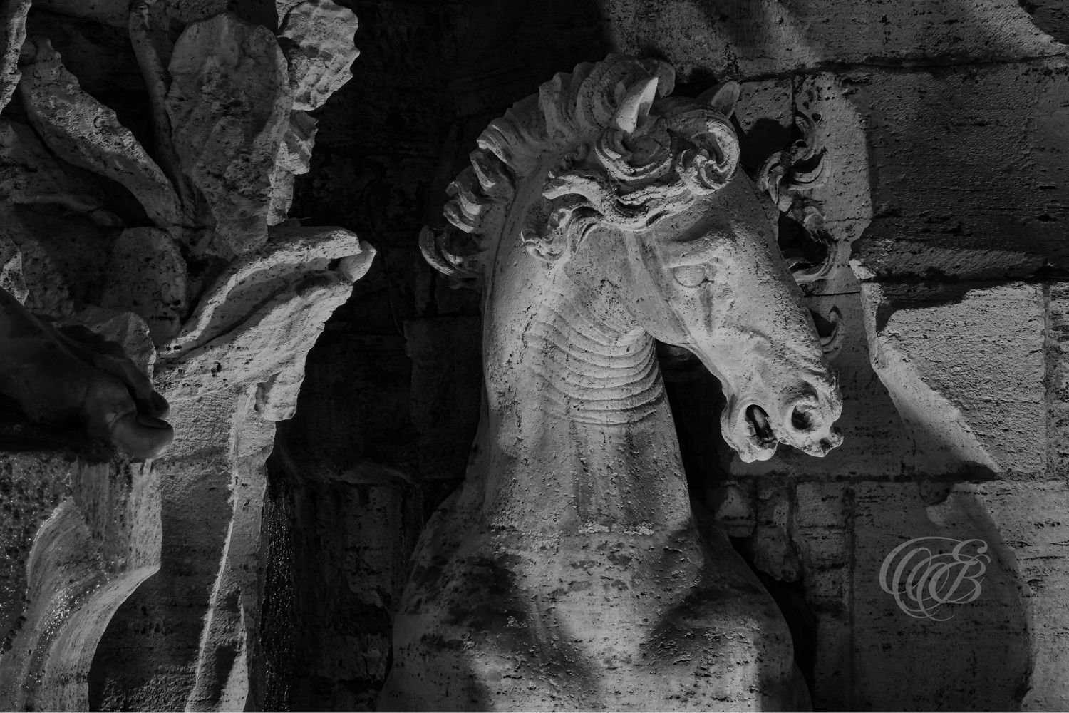 Italy – Danube figure Fountain of the Four Rivers - Rome – black and white photo of Bernini’s sculpture in Piazza Navona, by Eduardo Bartoli
