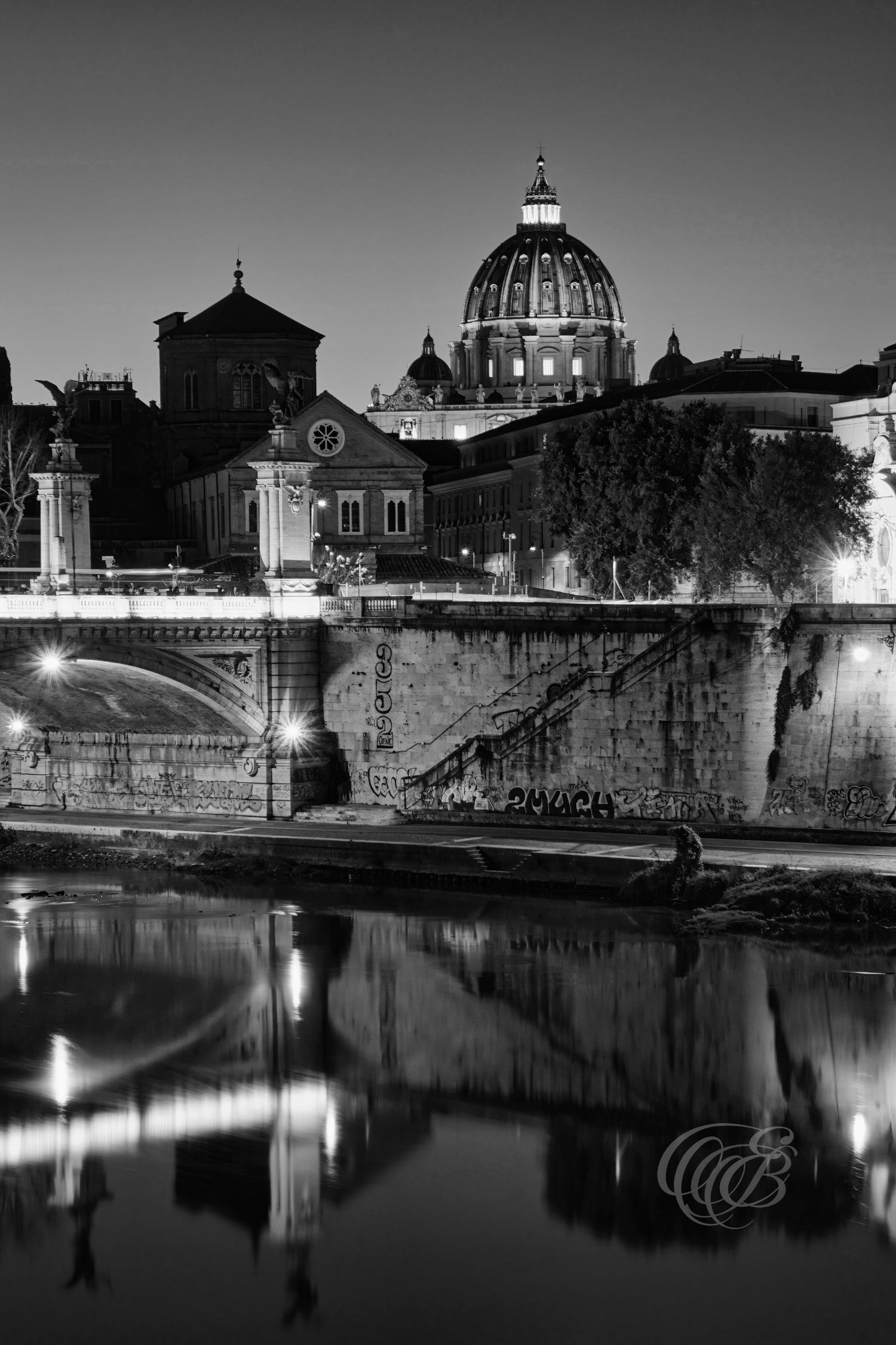 Italy – Ponte Vittorio Emanuele II at sunset - Rome – black and white photo of the bridge and Tiber River, by Eduardo Bartoli
