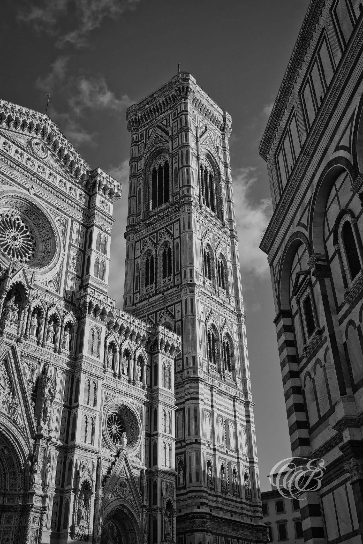 Italy – Giotto’s Bell Tower at sunset - Florence – black and white photo of the cathedral campanile, by Eduardo Bartoli