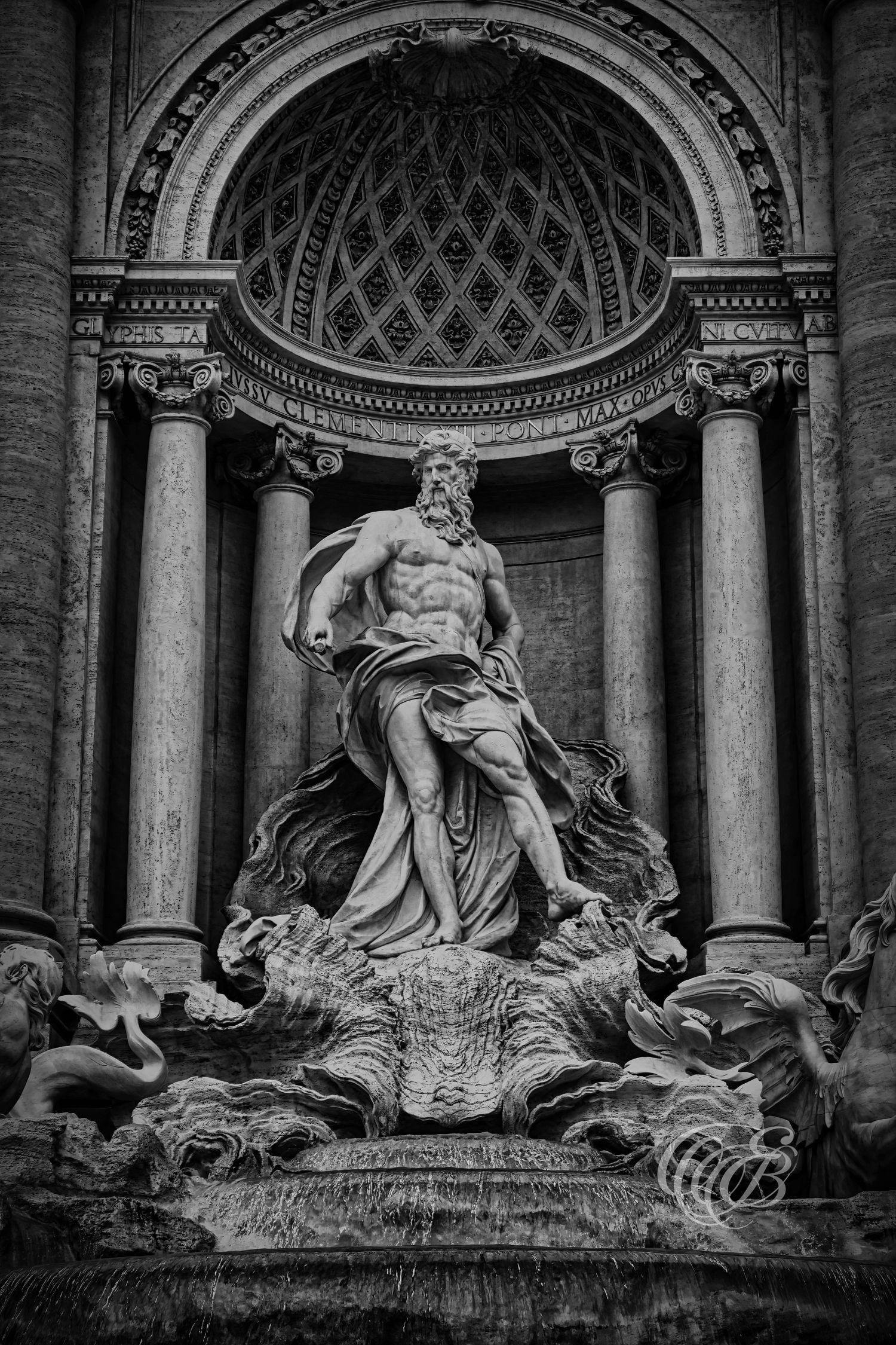 Italy – Trevi Fountain Oceanus - Rome – black and white photo of the central baroque marble figure, by Eduardo Bartoli
