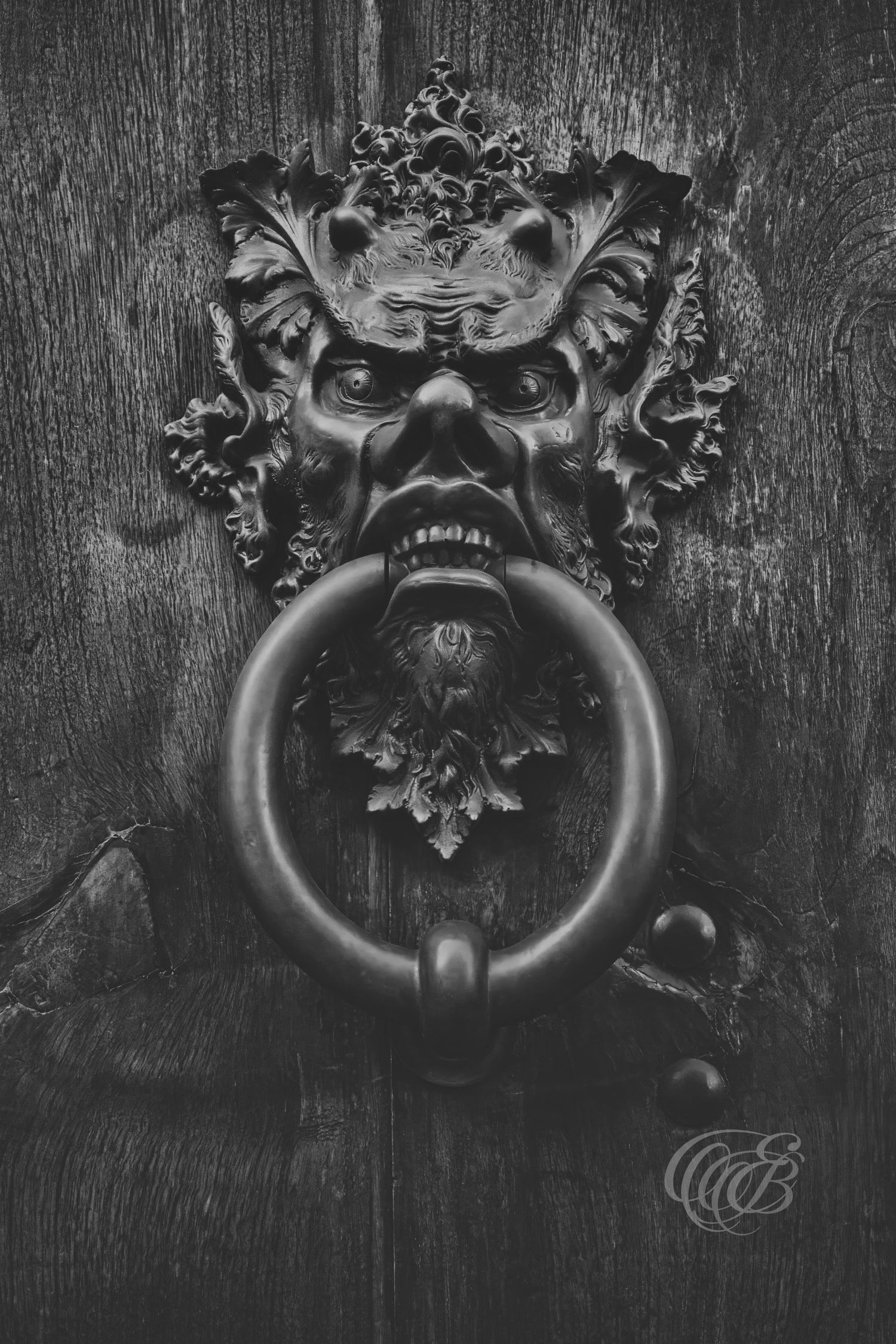 Italy – bronze door knocker - Florence – black and white photo of historic metal door detail, by Eduardo Bartoli
