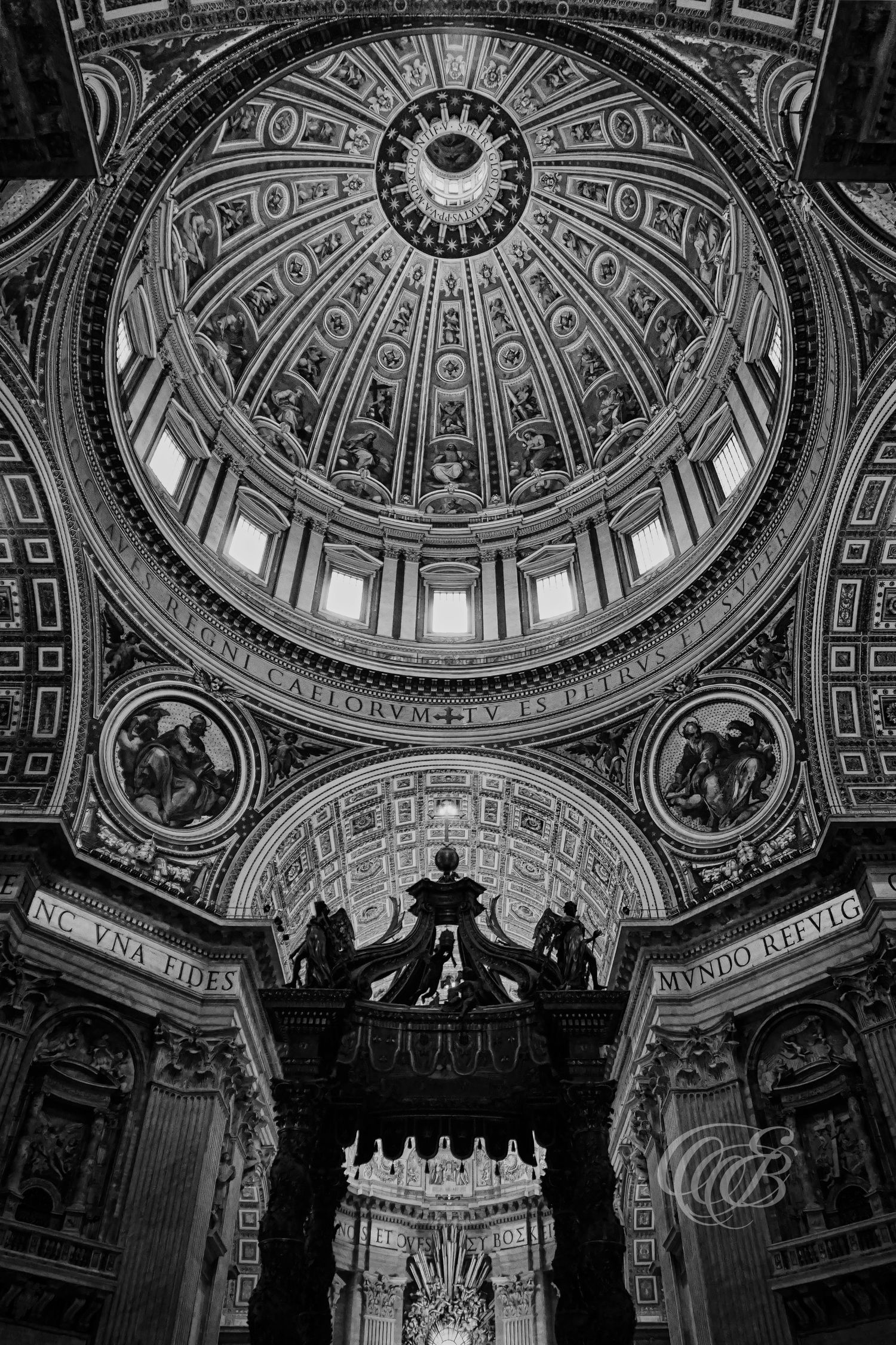 Italy – St. Peter’s Basilica under the dome - Rome – black and white photo of the interior architecture, by Eduardo Bartoli