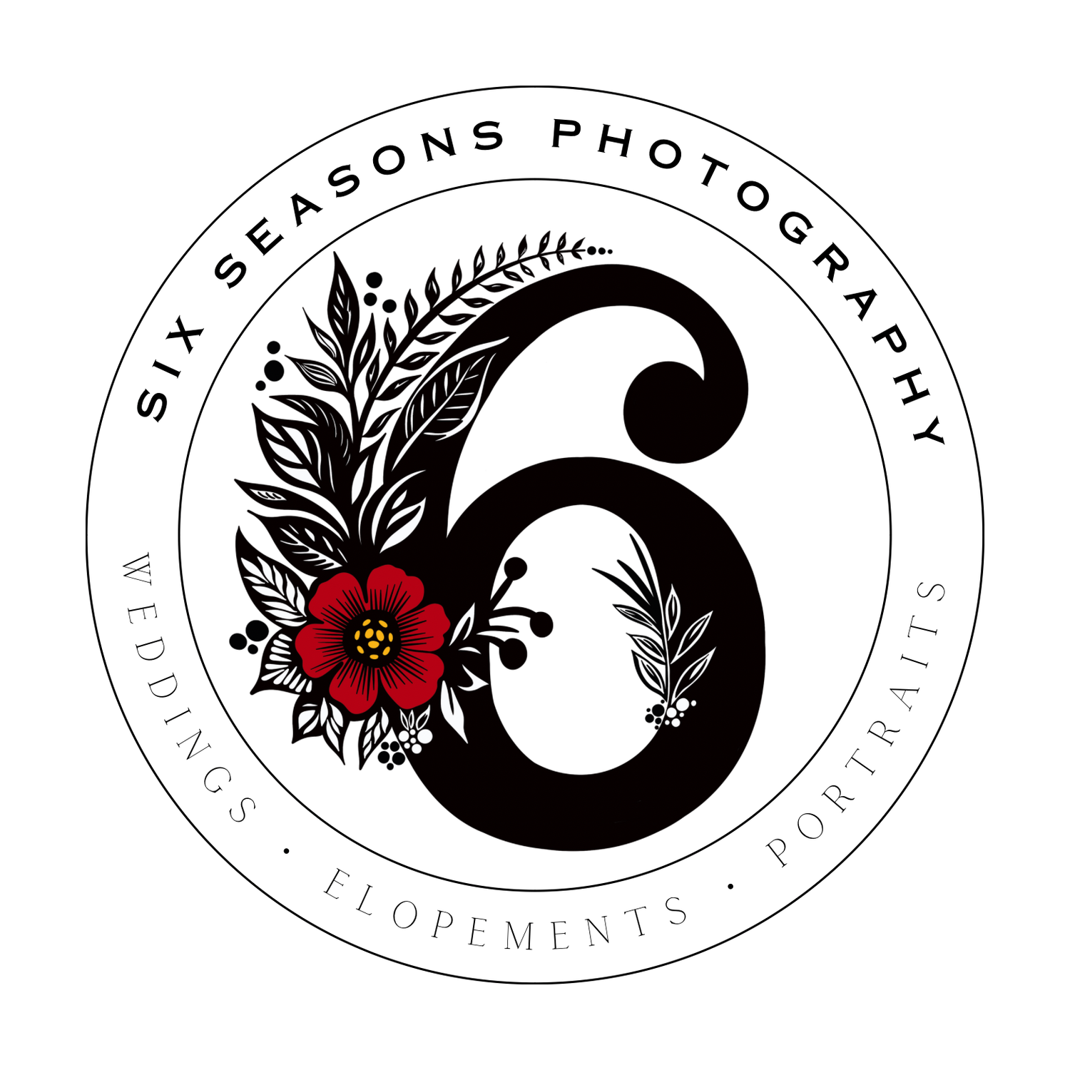 Black and white logo designs featuring floral elements and circular shapes.