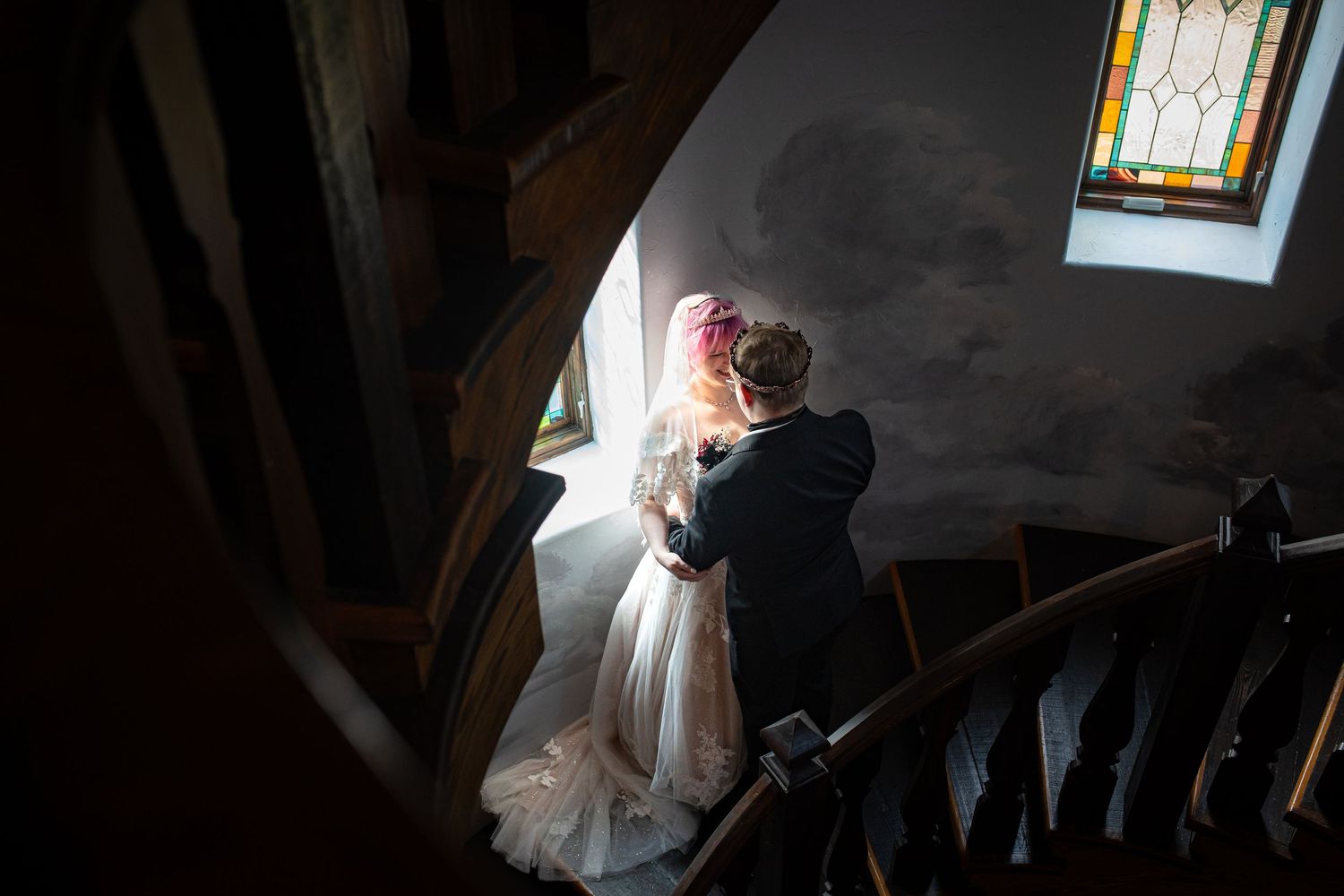 Wedding detail shots showing dress and decor in a rustic wooden interior.