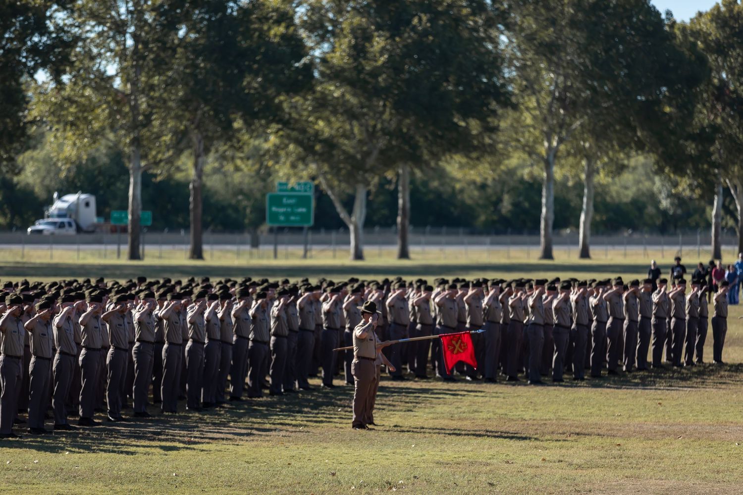 Military troops assembled in formation on a sunny parade field.