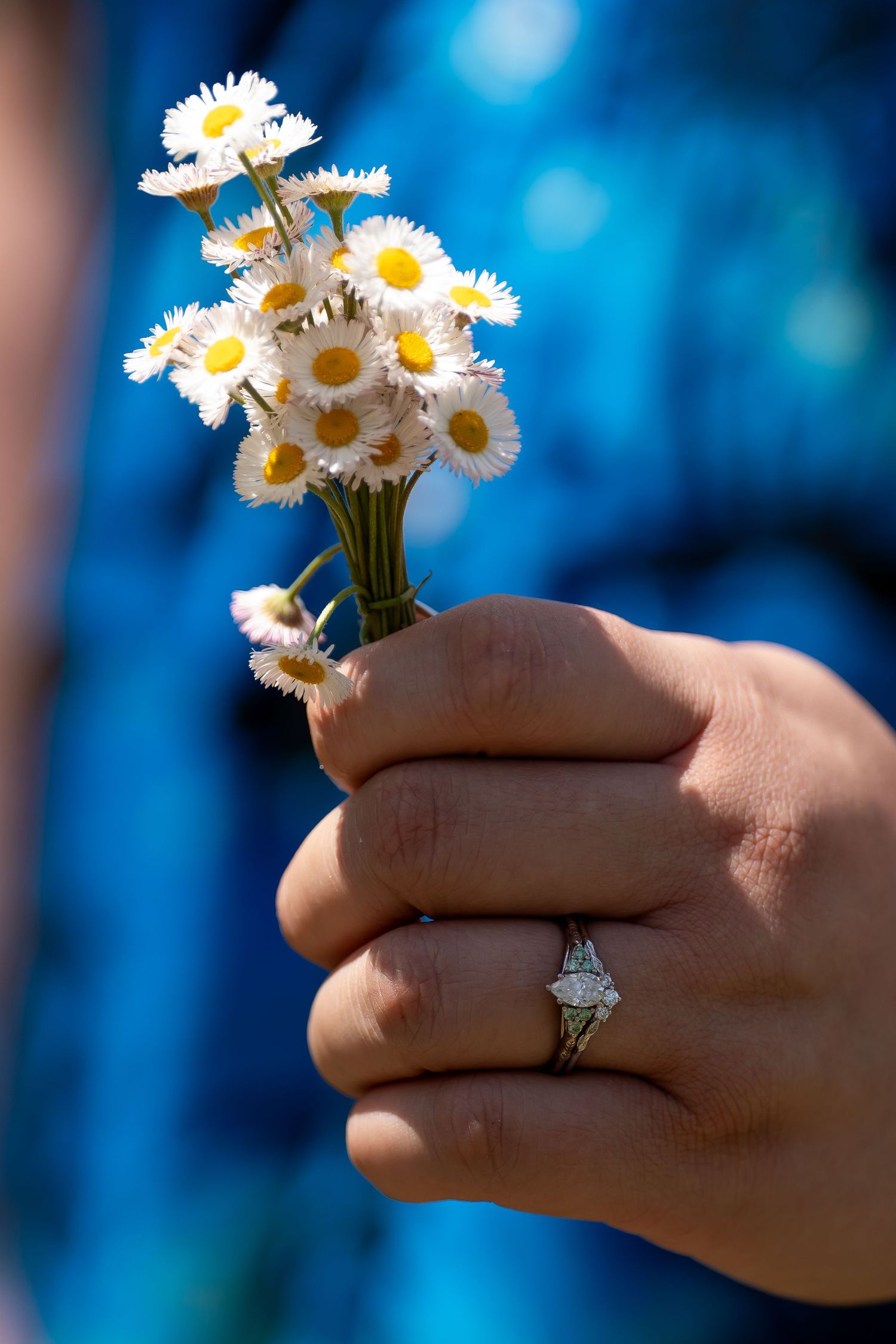 A hand holding a delicate bouquet of white daisies against a blurred blue background, showing an engagement ring.