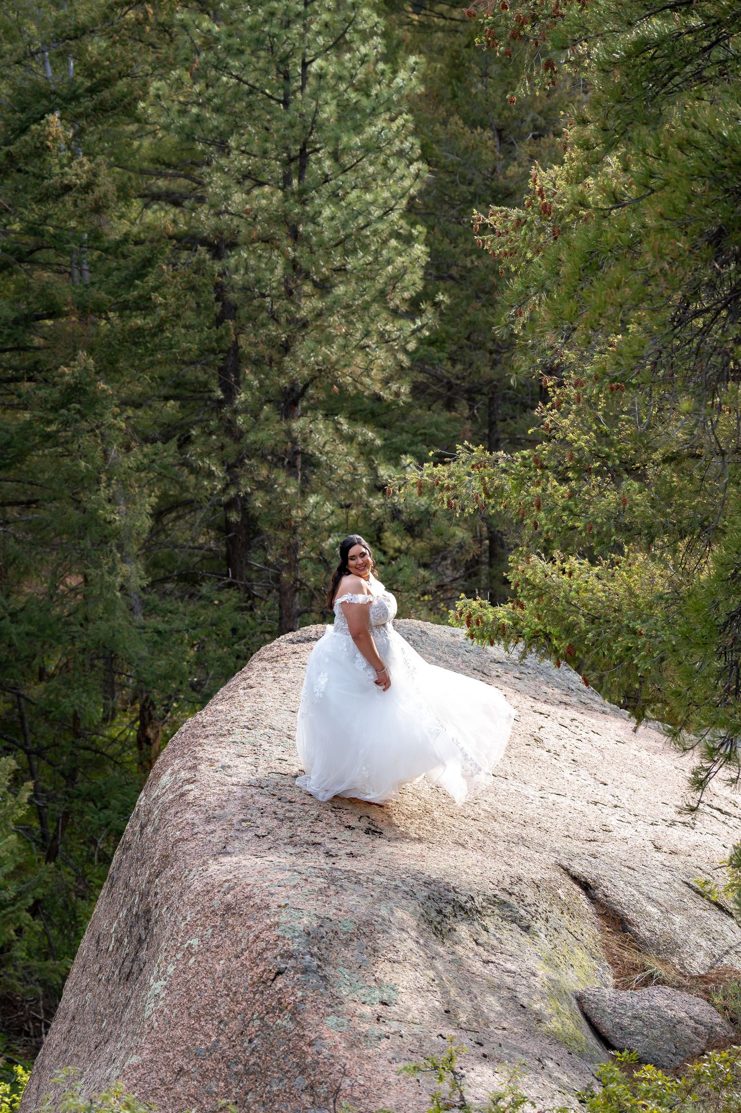 A bride in a white dress sits gracefully on a large granite boulder surrounded by pine trees.
