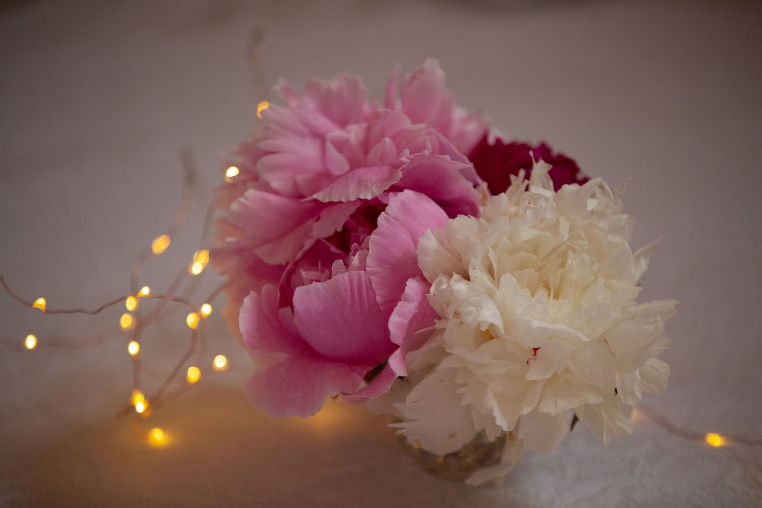 Pink and white paper pom pom decorations with twinkling lights in soft focus.