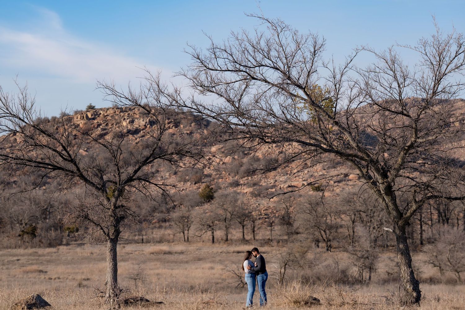 Two people walk through a desert landscape with barren trees and dry brush under an overcast sky.