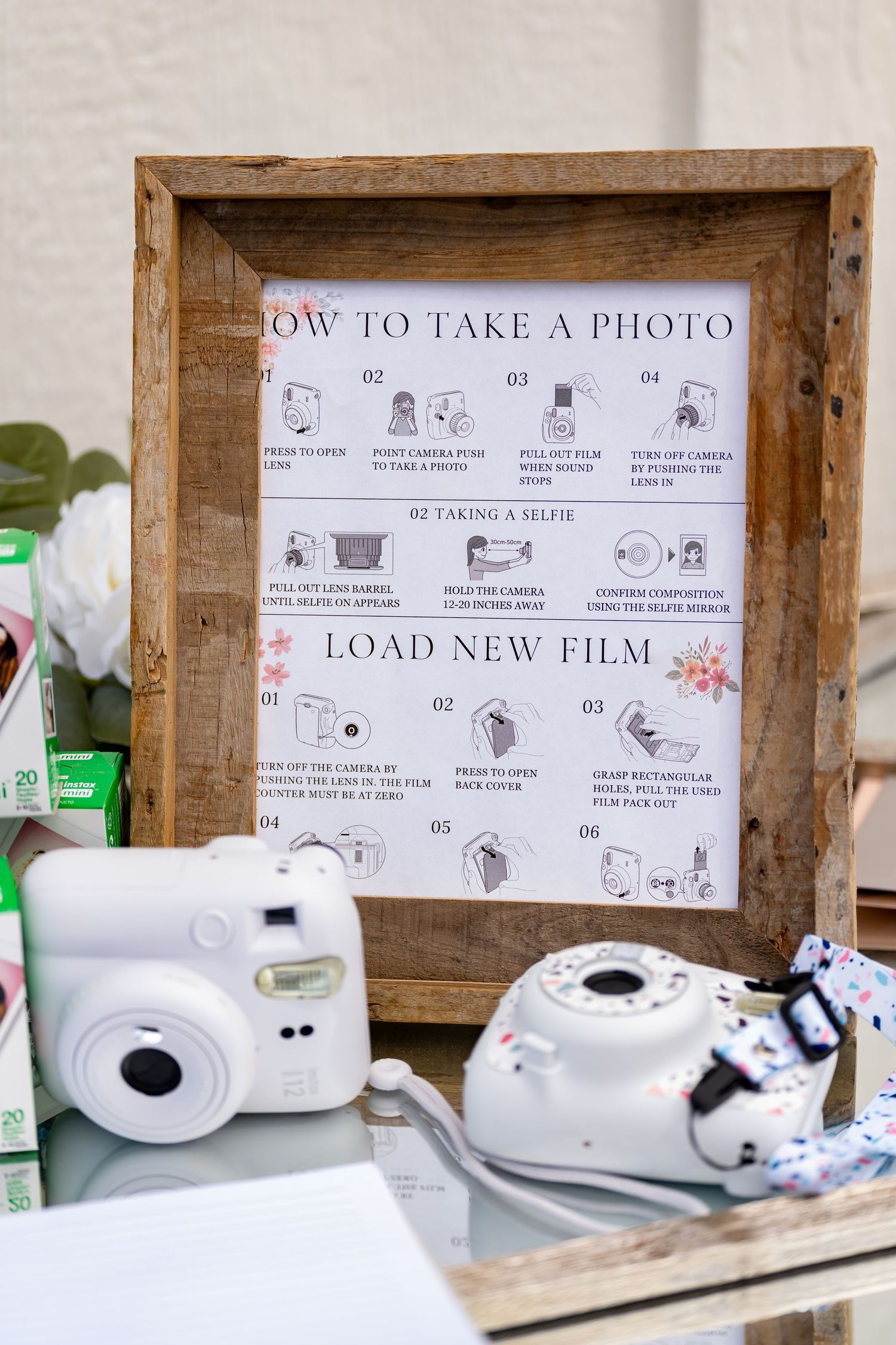 Instructions for using a white disposable camera displayed in wooden frames with step by step guidelines.
