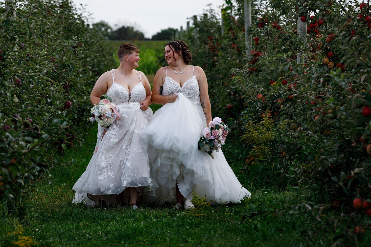 Wedding portraits with two brides in white wedding dresses in an apple orchard with floral bouquets and vibrant red fruit and green foliage.