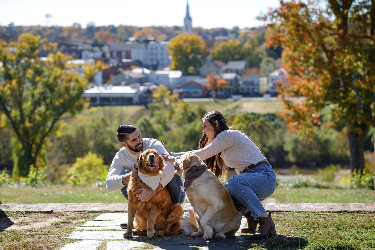 Family and dogs relaxing together on hilltop during golden hour.