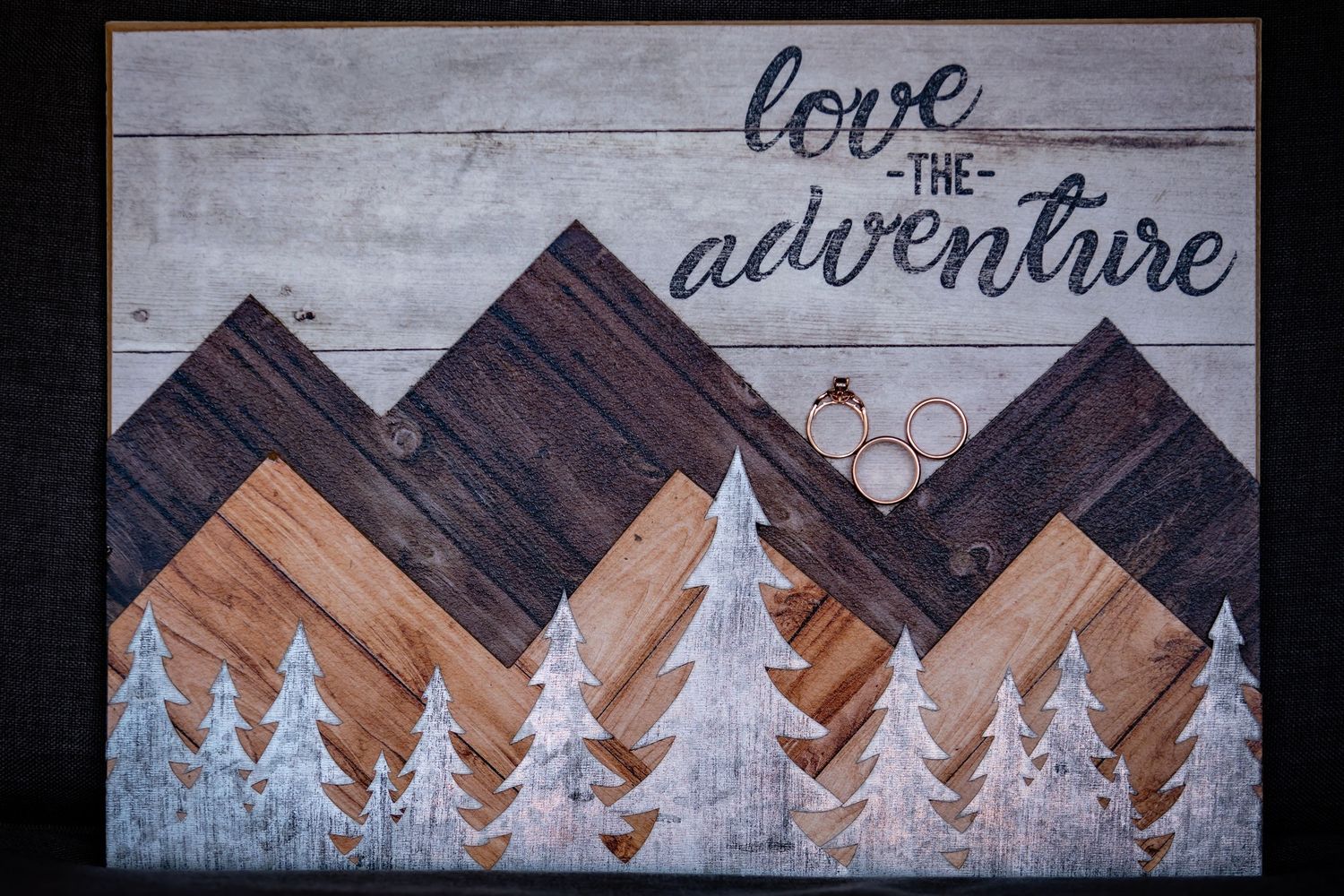 Rustic wooden wall decoration featuring pine tree silhouettes and text.
