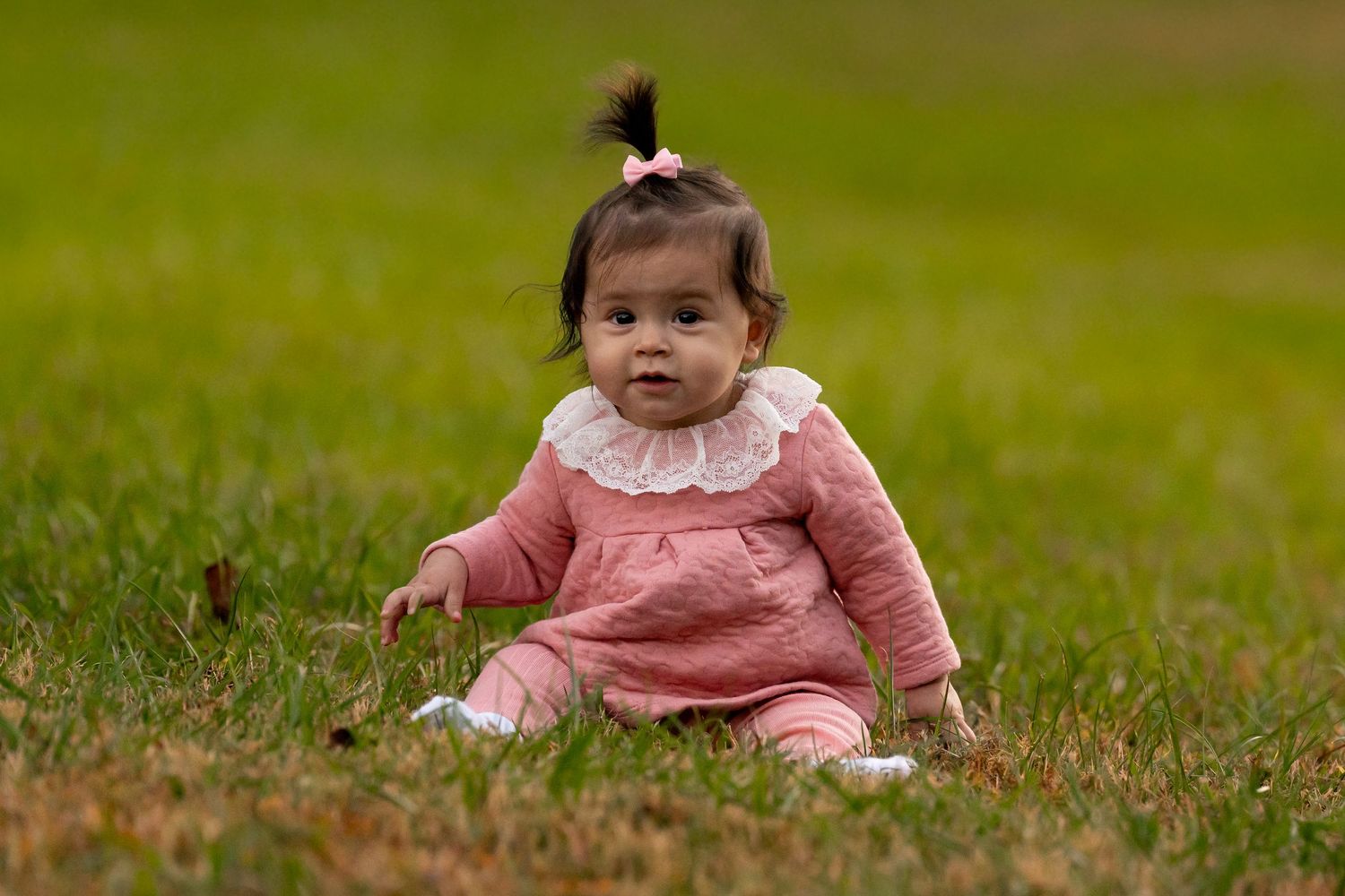 A baby in pink clothing sitting on green grass outdoors.
