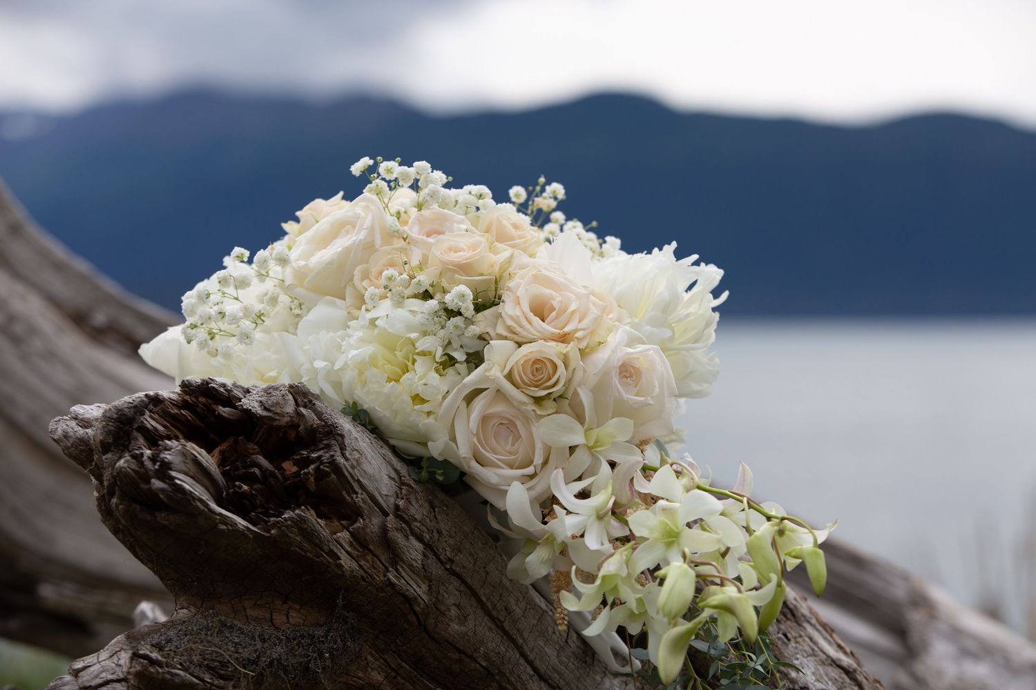 Delicate white rose bouquets arranged on driftwood against a mountain lake backdrop.