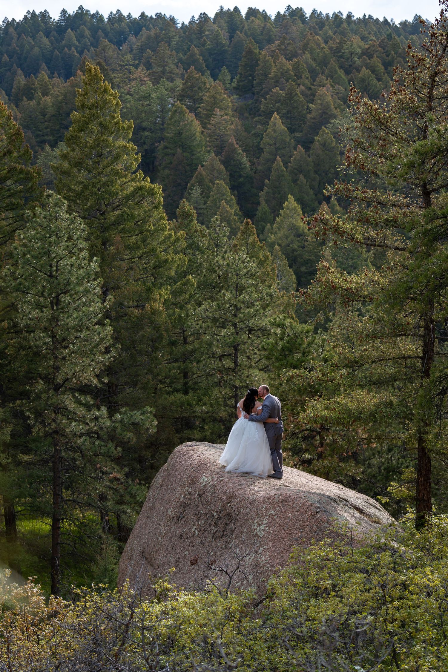 A couple in wedding attire photographed on a massive rock formation with pine forest backdrop.