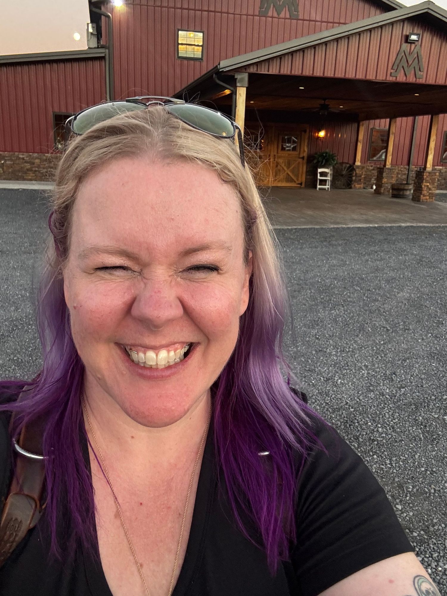 A series of selfies showing someone with vibrant purple hair smiling at the camera.