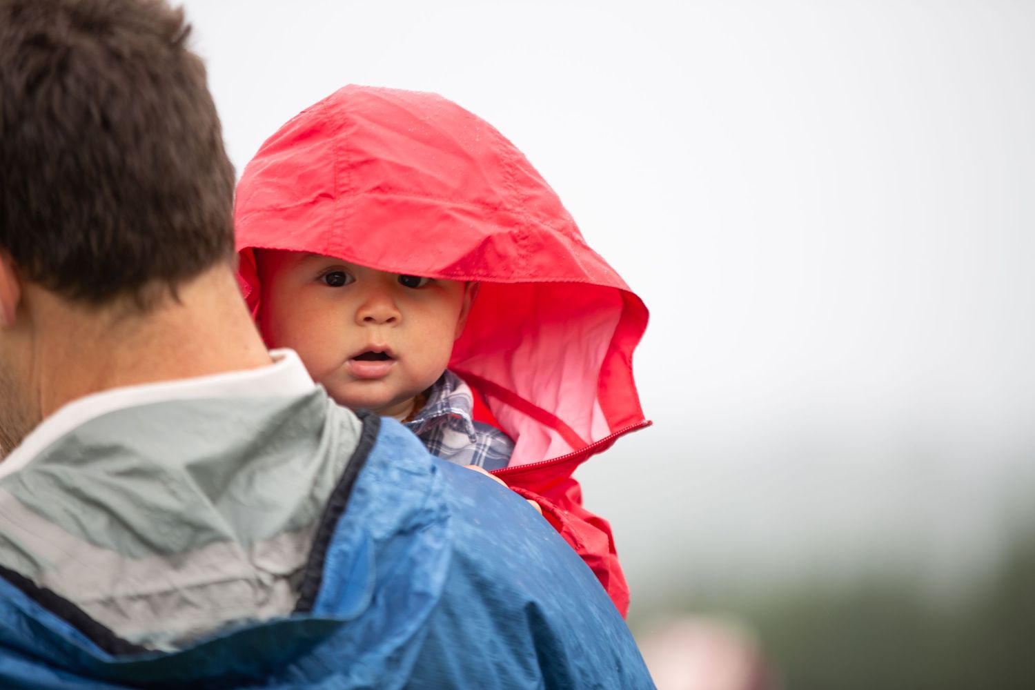 Red umbrellas provide shelter from rain during an outdoor gathering.