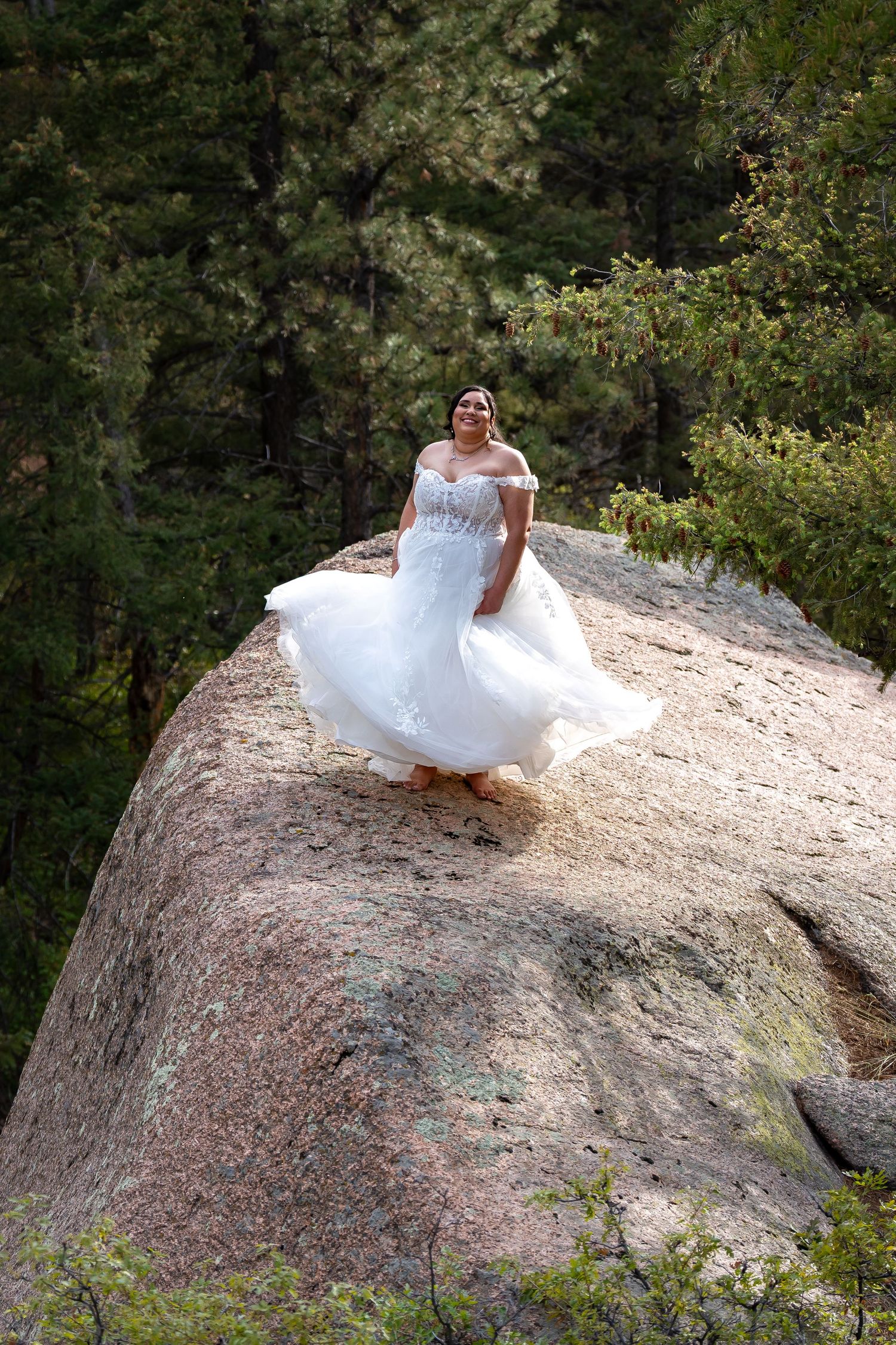 A wedding photo session on a dramatic rocky outcrop with forest scenery below.