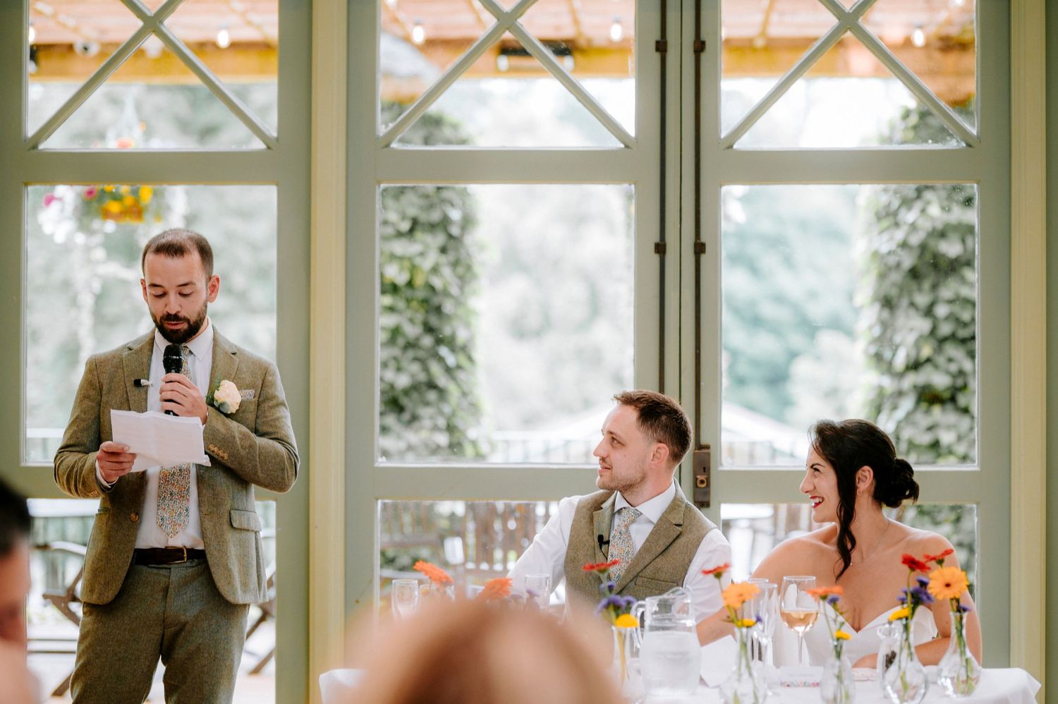 Wedding speeches and toasts captured in sequence at elegant indoor reception.