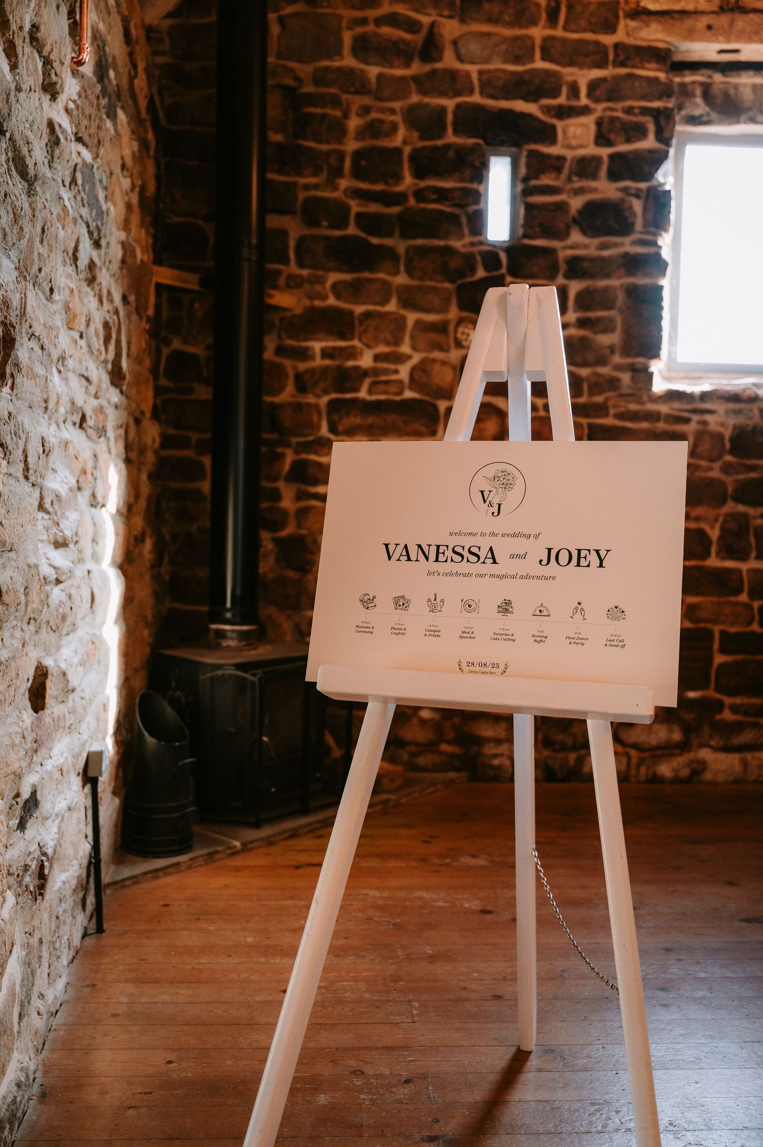 A wedding timeline sign for Vanessa and Joey displayed on a white easel against a rustic brick wall.