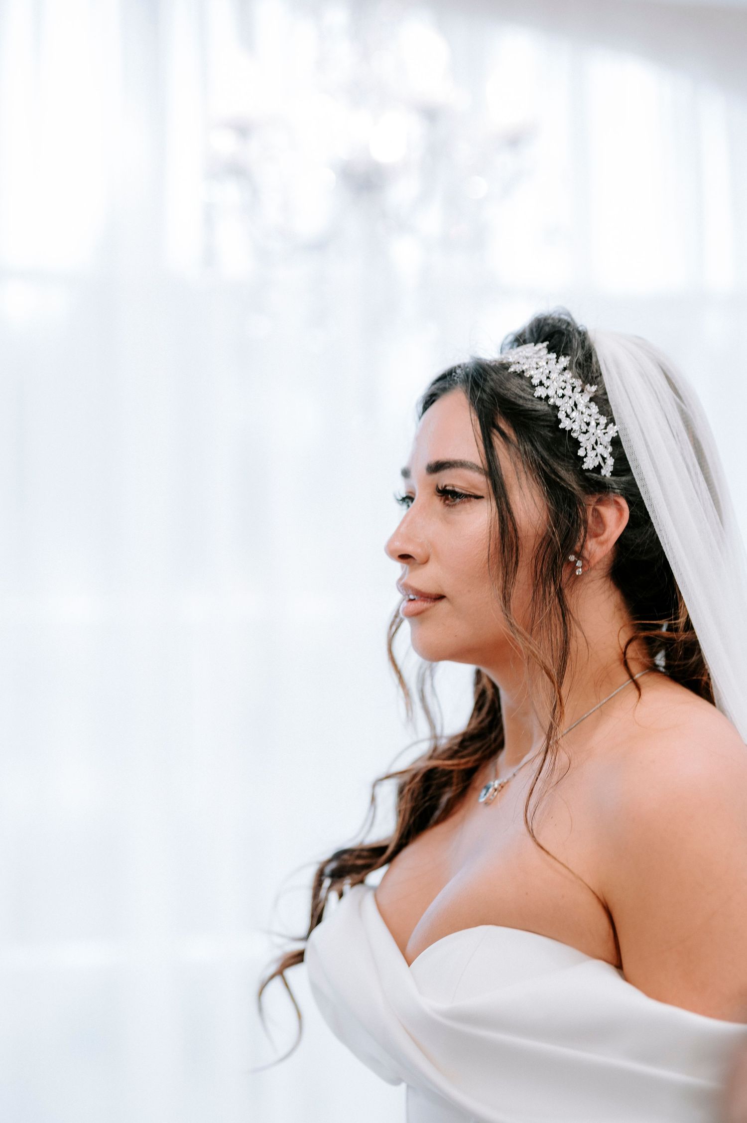 Dreamy bridal portraits featuring a crystal tiara and off-shoulder wedding gown.