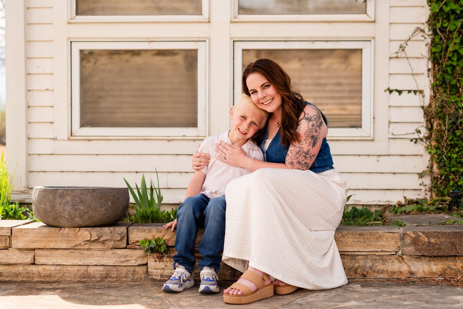 Family photography,  mom, son pose, true-to-life colors, spring at  Sandstone Ranch house, Longmont by Angelice Caballer