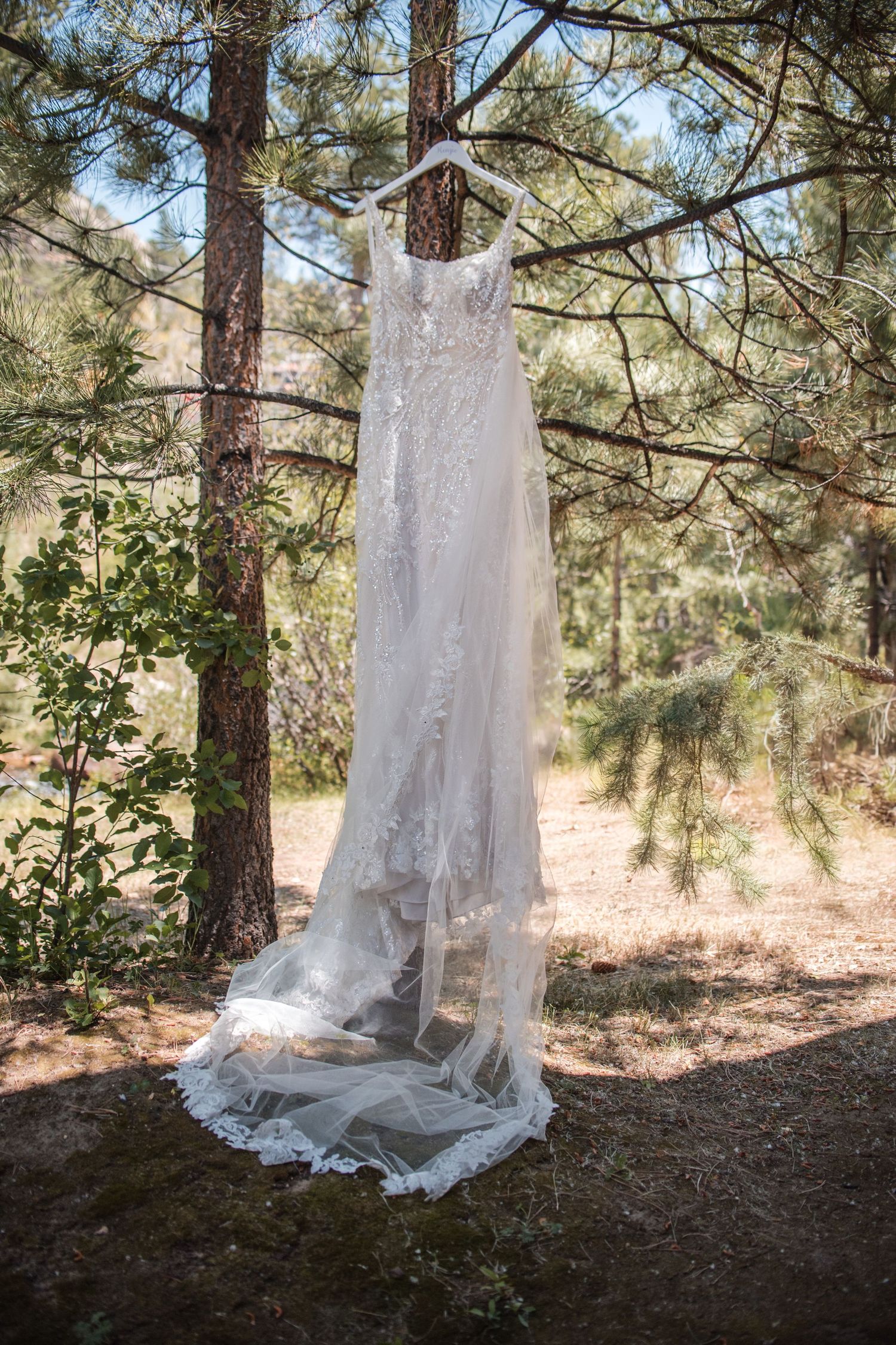 Pre-wedding must have a Mountain style wedding dress hanging in a tree shot at Estes Park Resort, Angelice Caballer Photography
