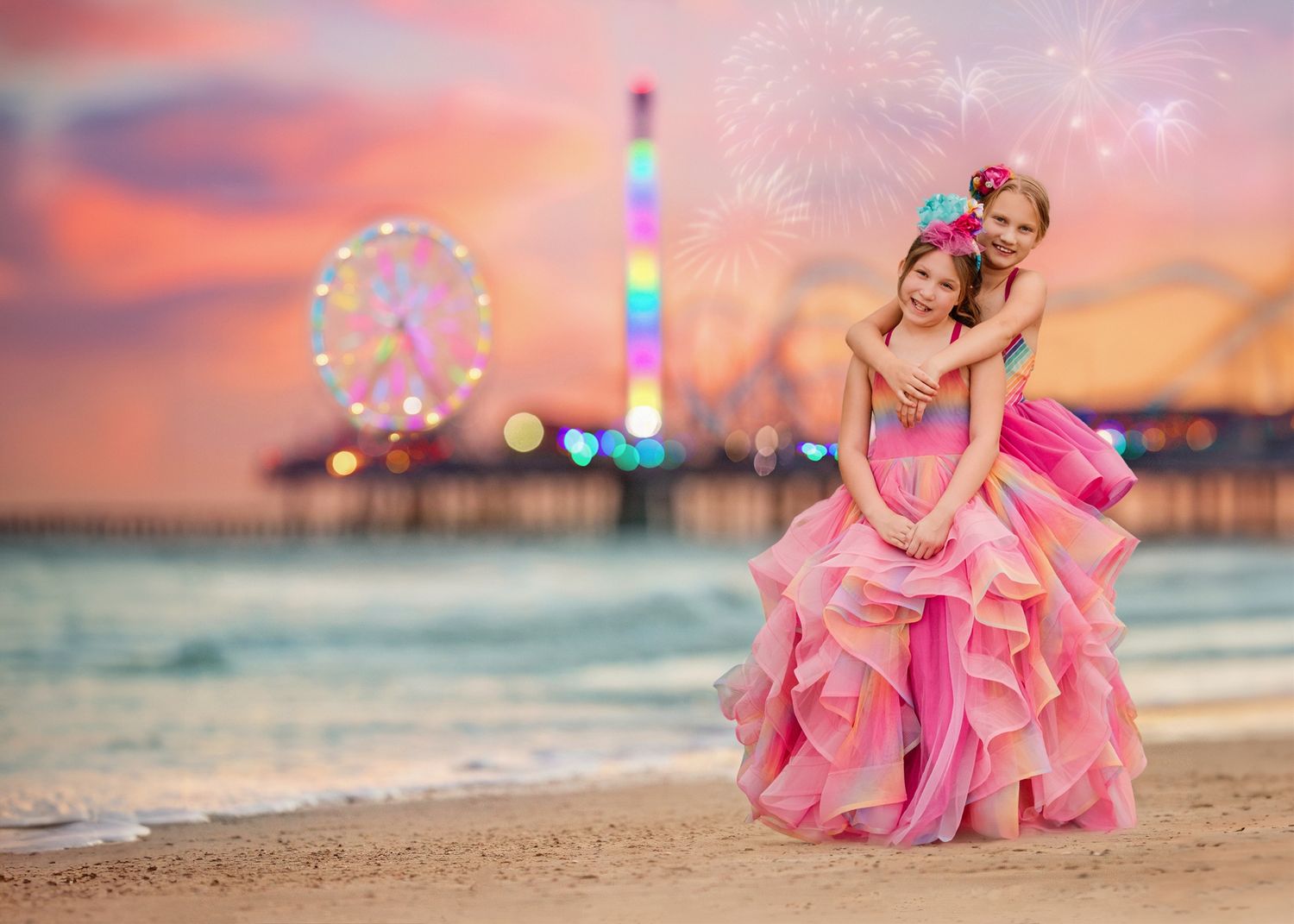 Two girls in pink Rainbow gowns by Little Dreamers Couture pose on a beach at sunset with a Ferris wheel and fireworks backdrop. Fine art