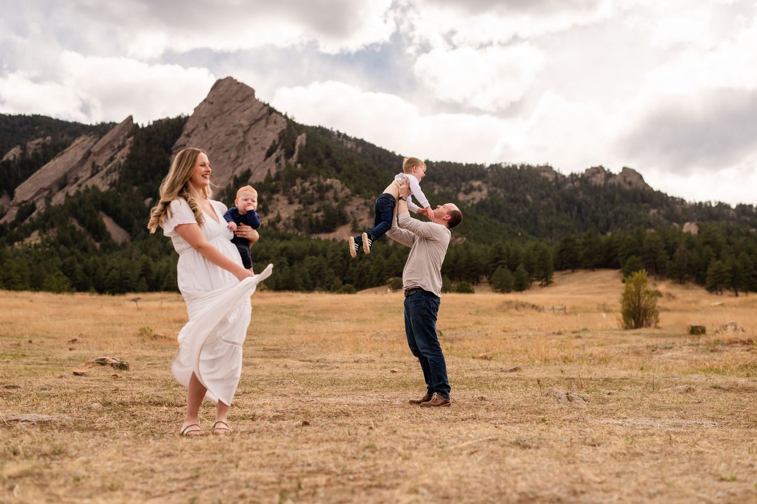 Photography of a family playful movement ideas, True to Life color at Chautauqua Park, Boulder, CO, photography by Angelice Caballer