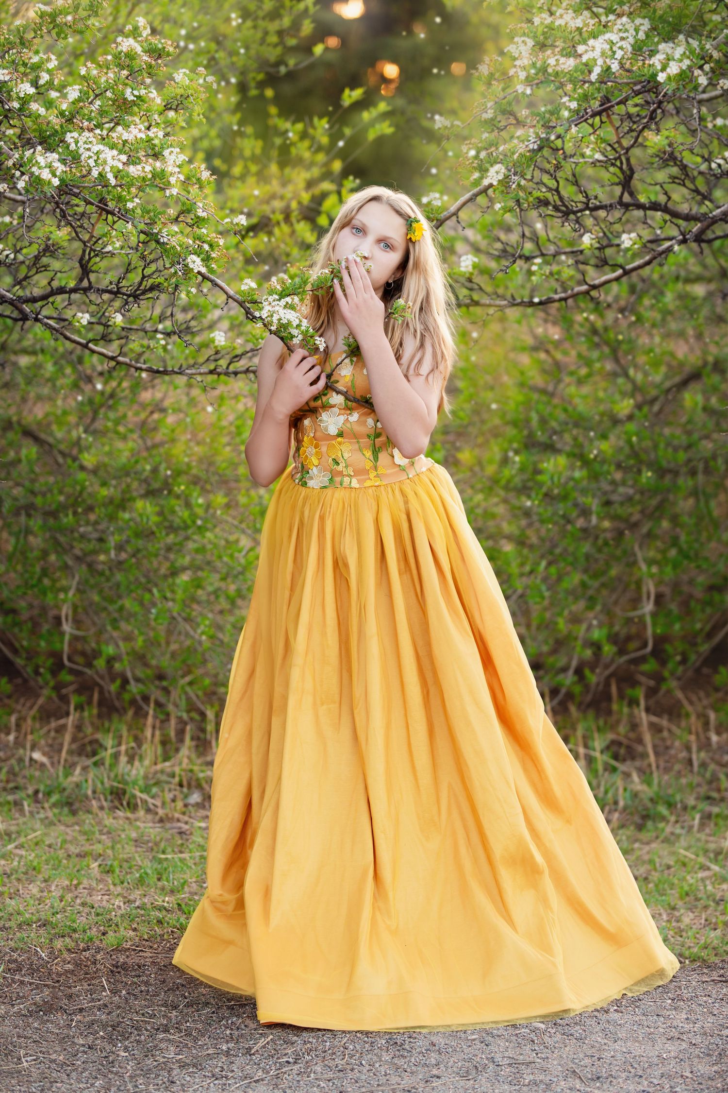 Young girl in an elegant yellow ball gown by Little Dreamers Couture, holding white flowers among blooming trees in a garden. Fine art