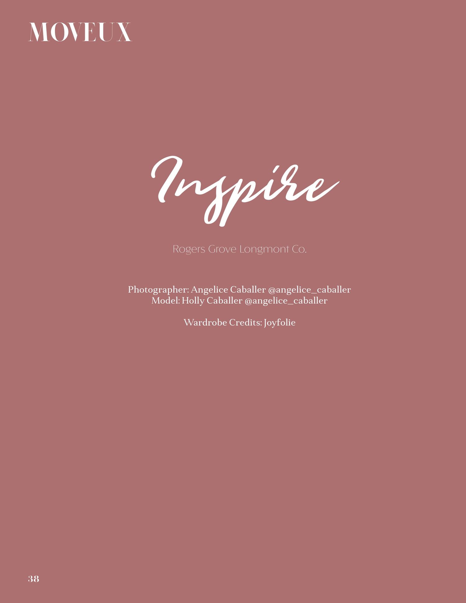 Moveux magazine Inspire editorial page with pink background featuring photographer and model credits for Angelice Caballer