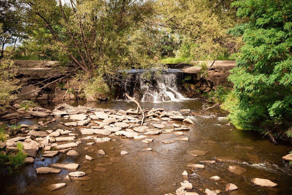The cascading waterfall stone path structure at Golden Ponds Nature Area, a popular spot for child-led family photography portraits.