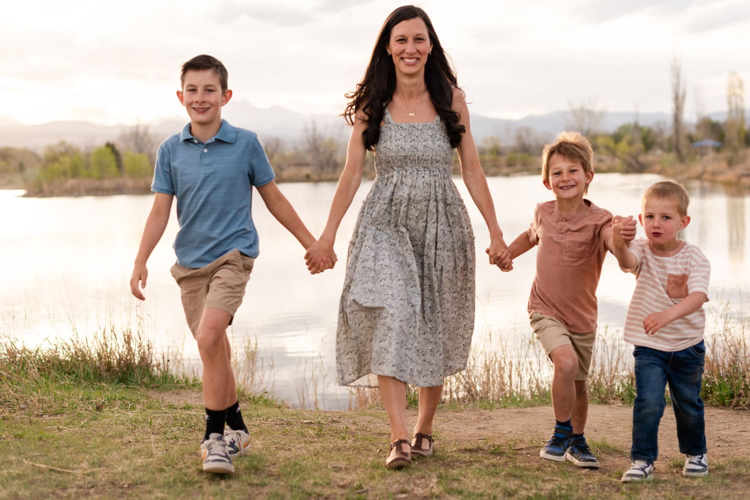 Family photography playful ideas Mother and sons walking at the Golden Ponds, Longmont Co photography true-to-life by Angelice Caballler