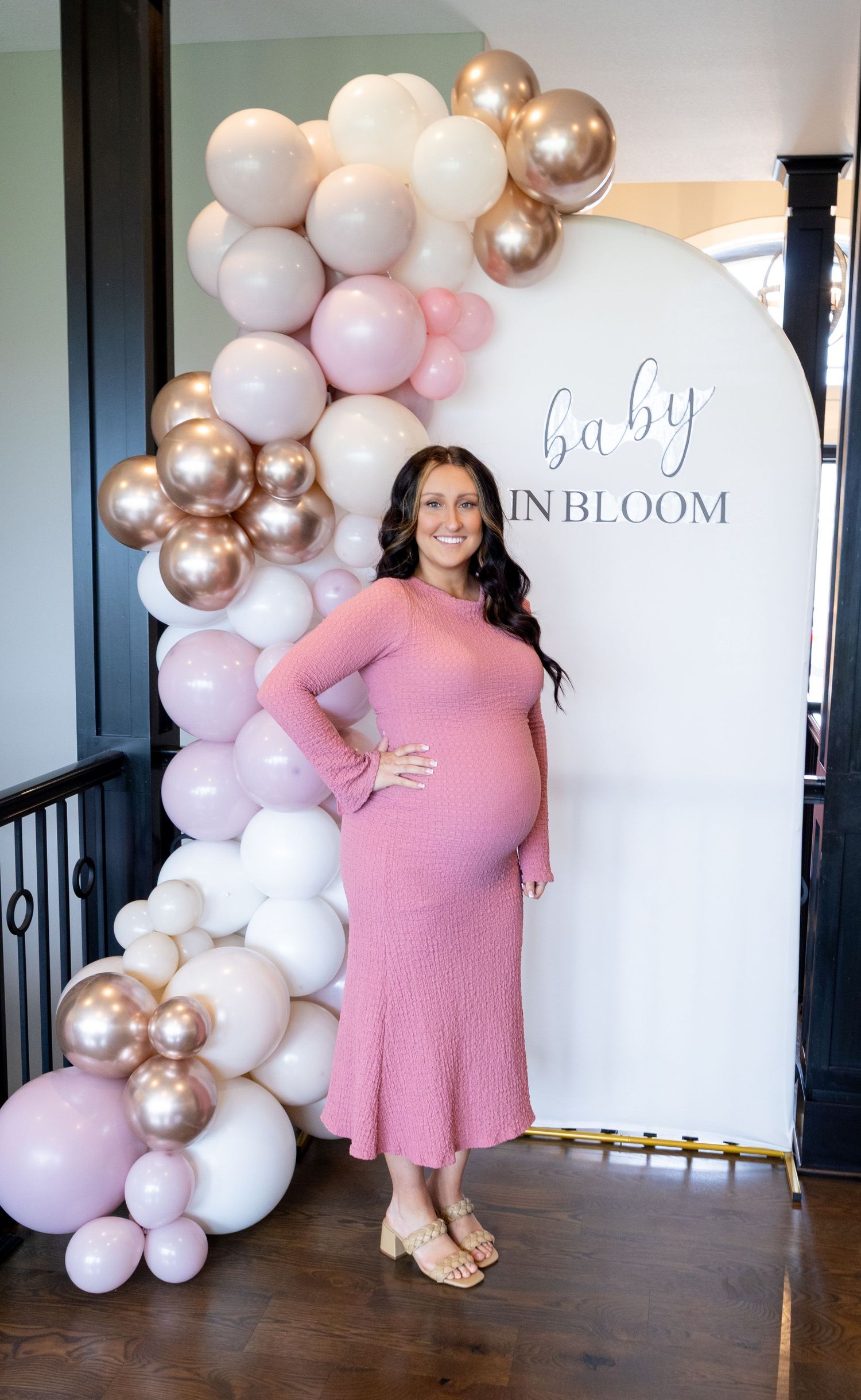 Maternity portrait with balloon backdrop event styling Kansas City baby shower backdrop setup