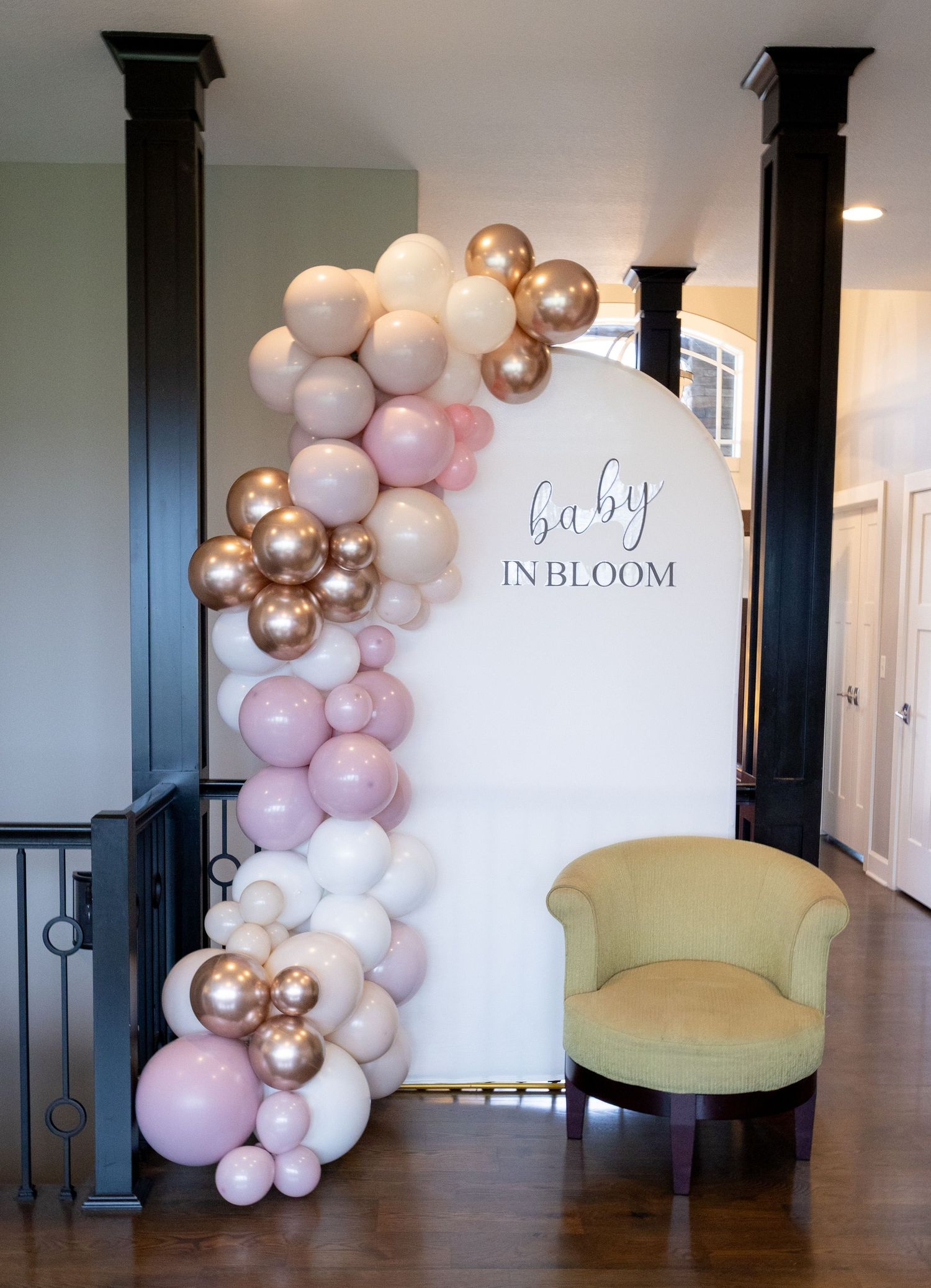 baby shower balloon garland and photobooth backdrop setup and design