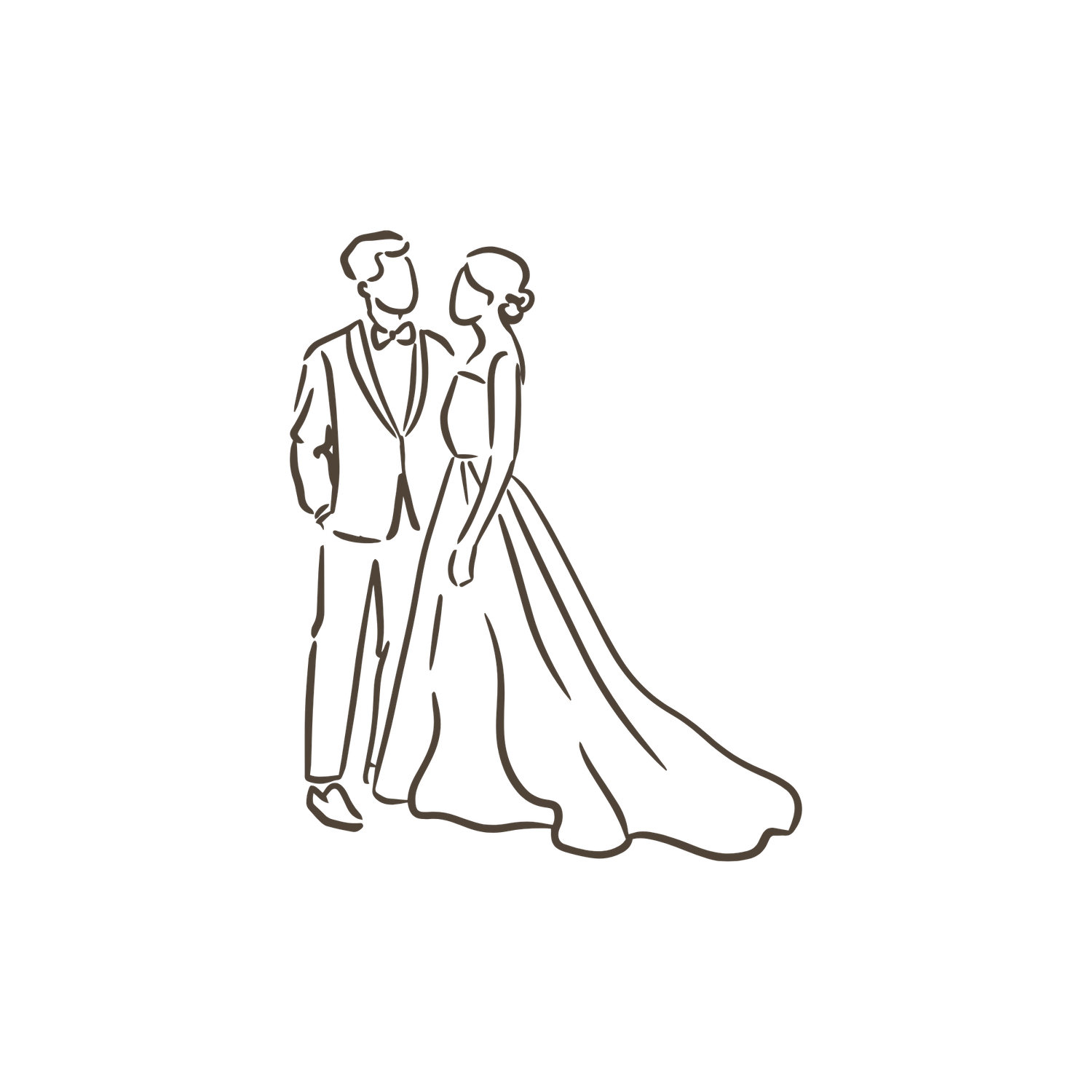 Simple line drawing illustration of a bride and groom standing together in formal wedding attire.