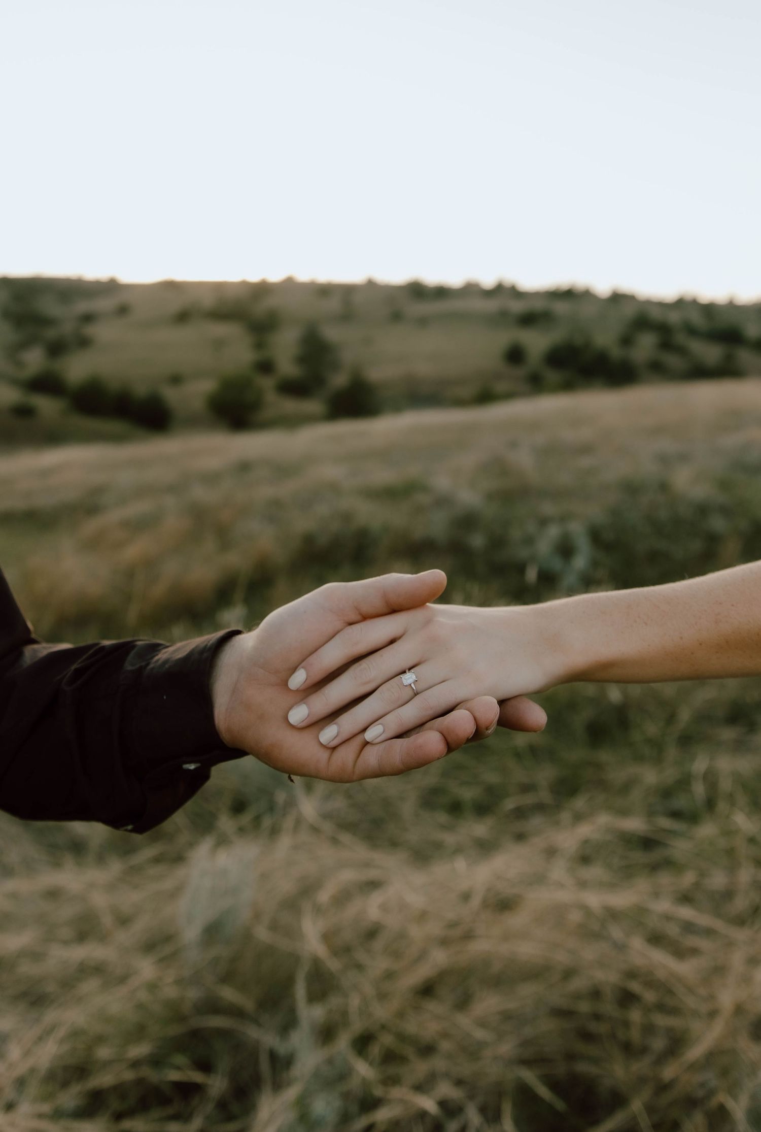 Four sequential images show hands reaching out and touching each other against a blurred natural landscape background.