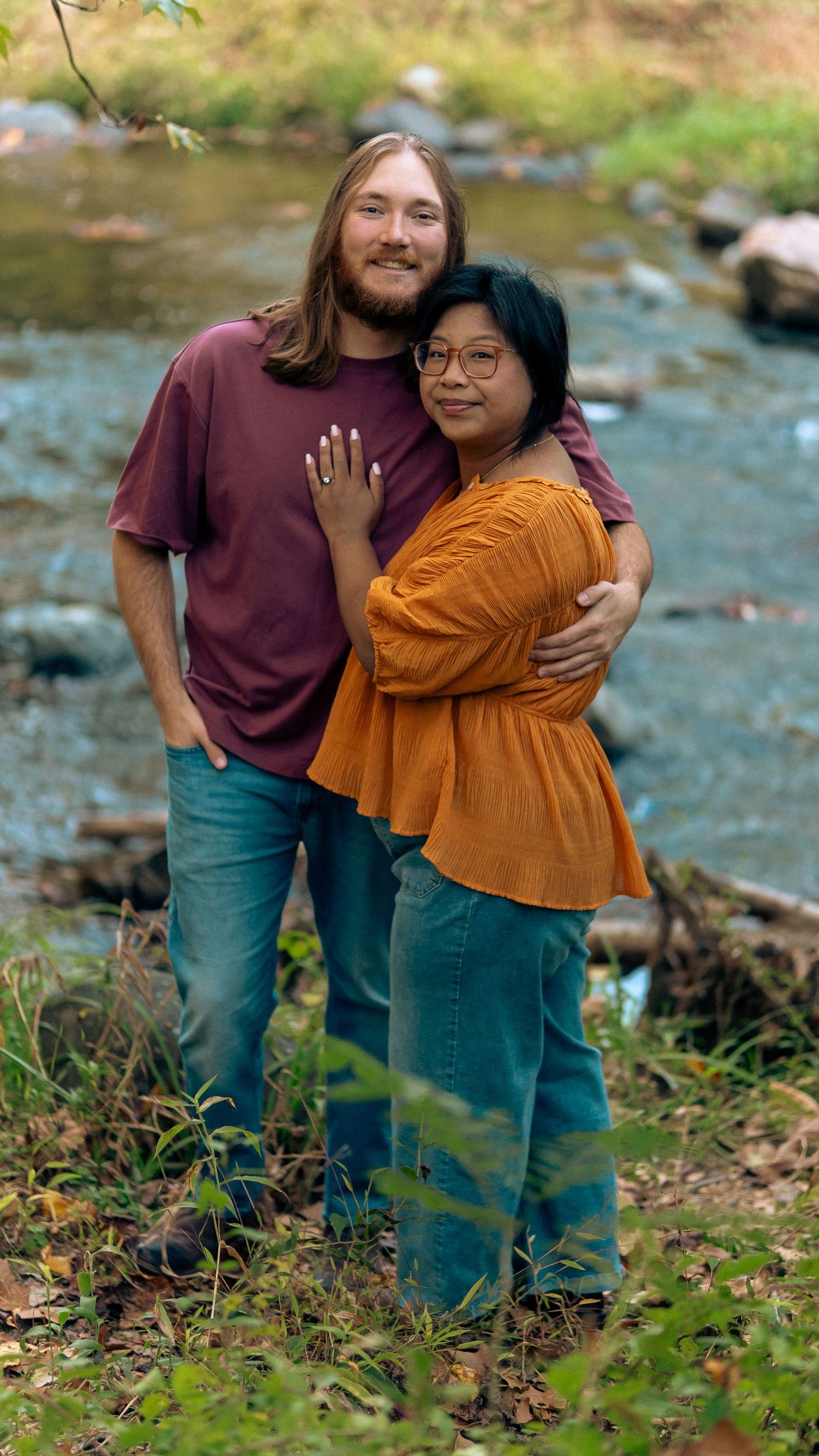Happy Couple Engagement photoshoot at Jerusalem Mill in Joppa Maryland by a river