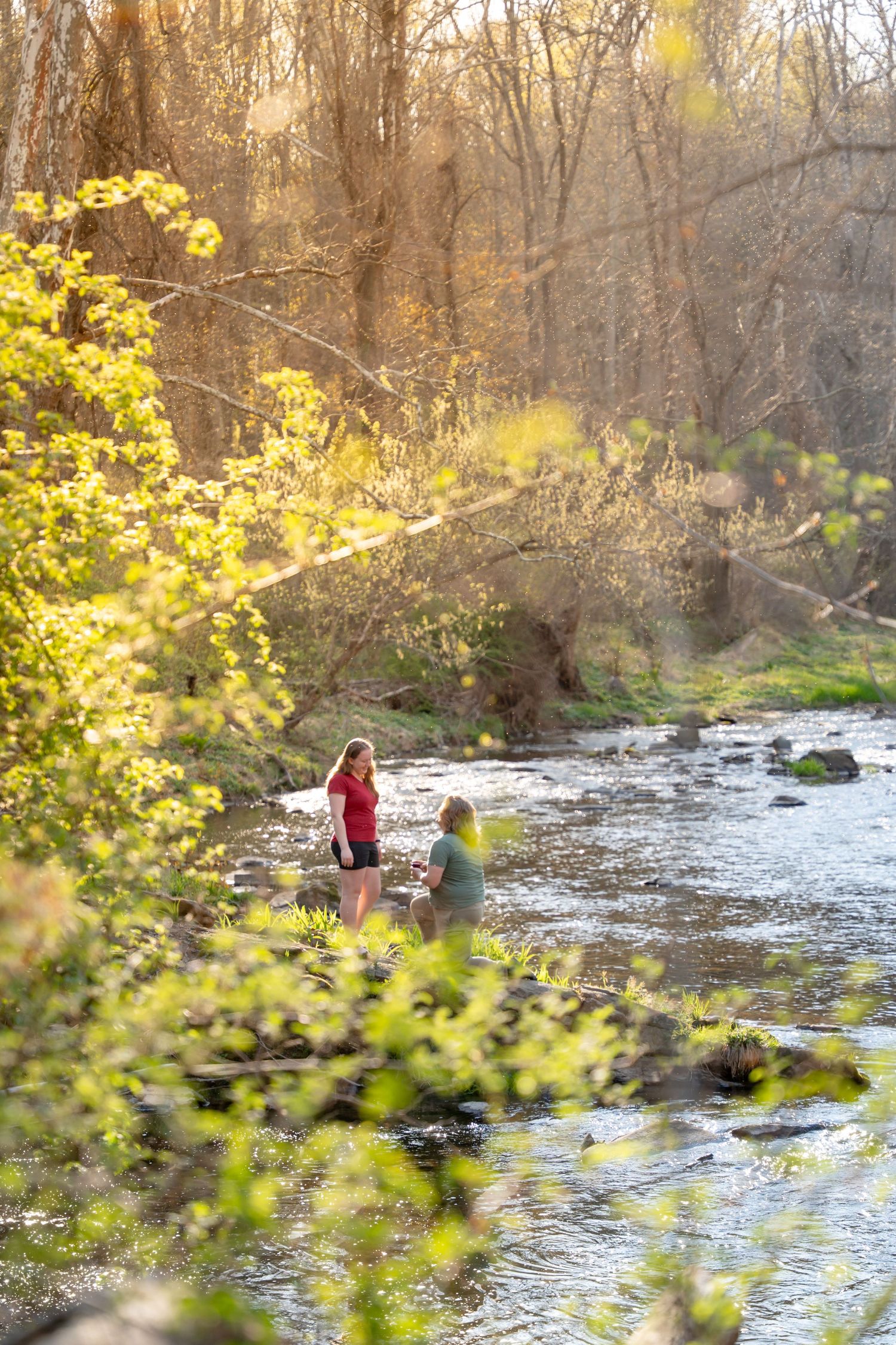 A couple standing by a rocky creek in a sunlit autumn forest with golden foliage.  In Jerusalem mill in Fallston Maryland