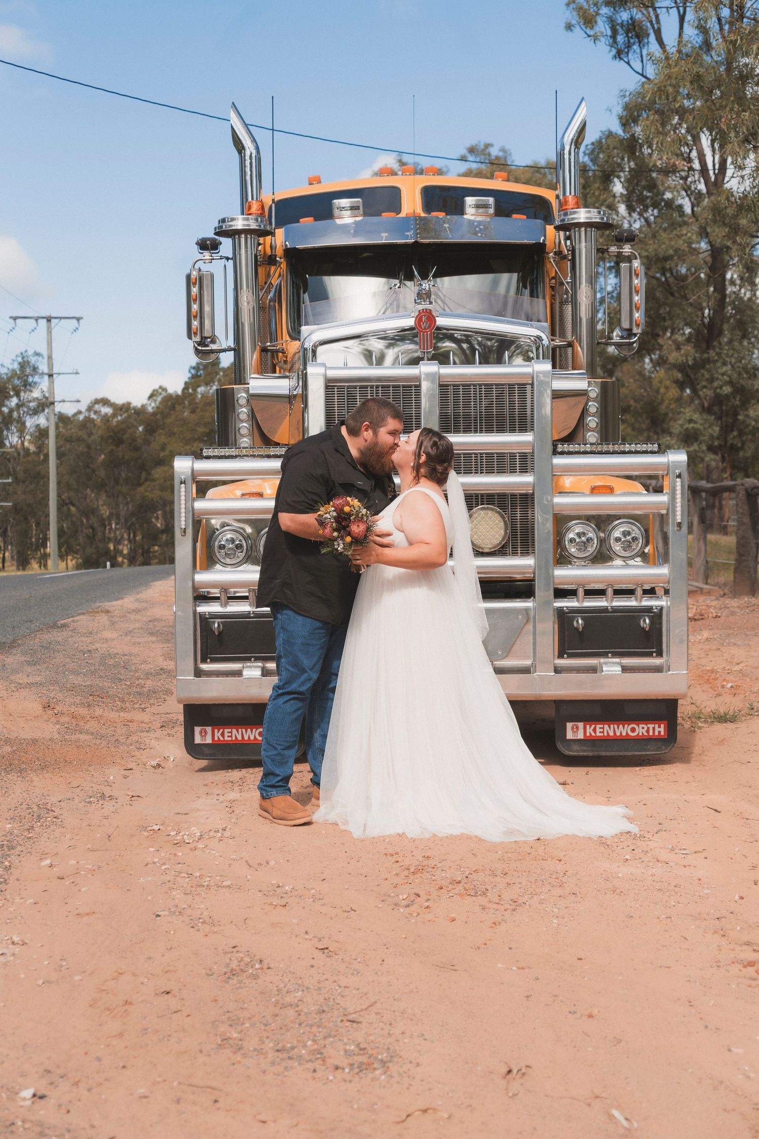 Bride and groom back yard wedding in rengency downs in front of truck, simple micro wedding photographed by shae imagery photography