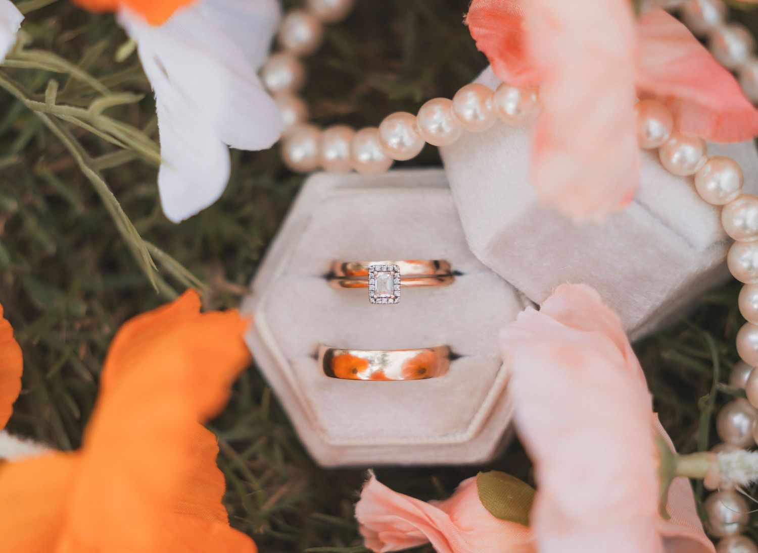 Wedding rings detail photographed with pearls and poppies - Ipswich Wedding photographed by Shae Imagery and Kholo gardens