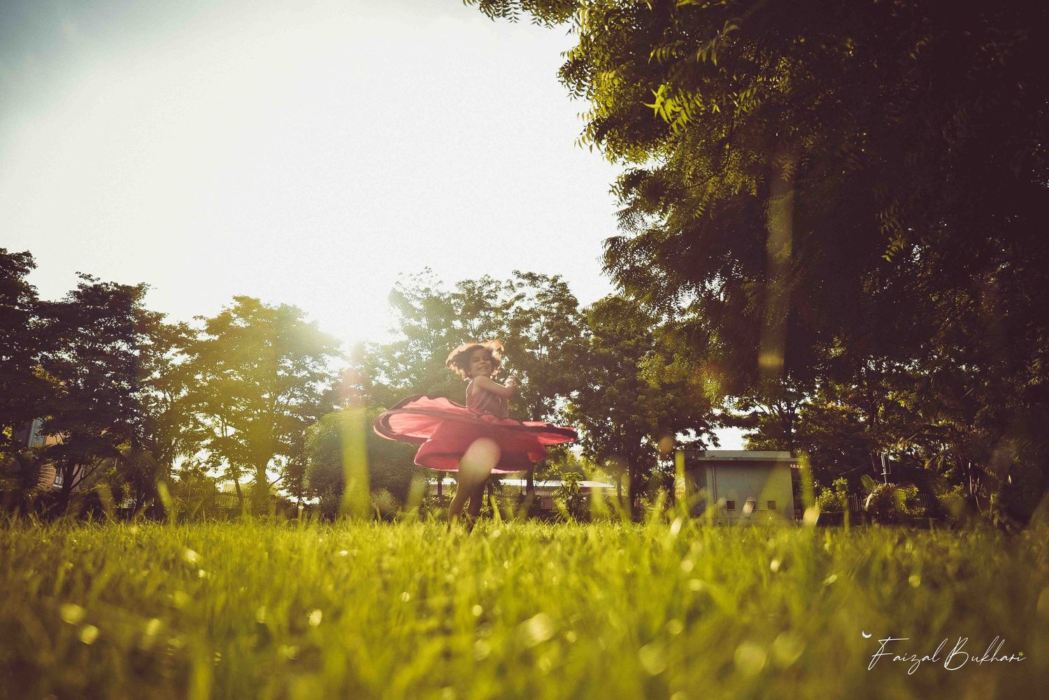 A young girl in a red dress plays in a sunlit green park with lush trees in the background.
