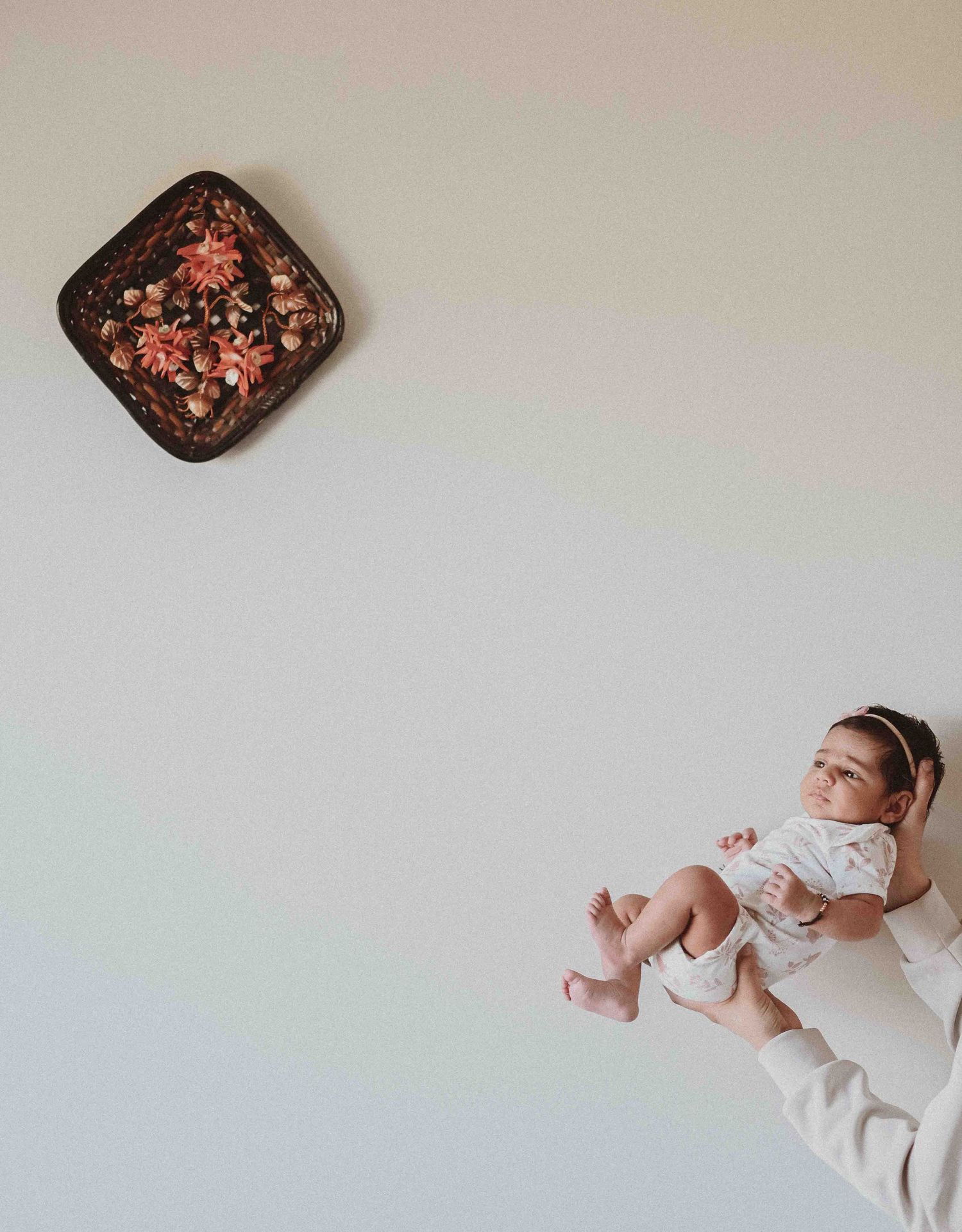 Parent holding newborn baby up near decorative floral wall plate in soft natural light indoor photo.
